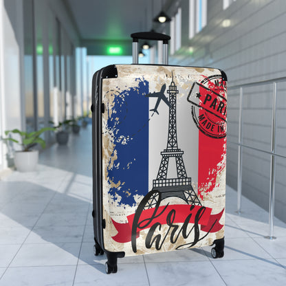 Made in Paris suitcase on wheels,  holiday in France, roller case, secure lockable carry on bags, hard shell travel suitcase