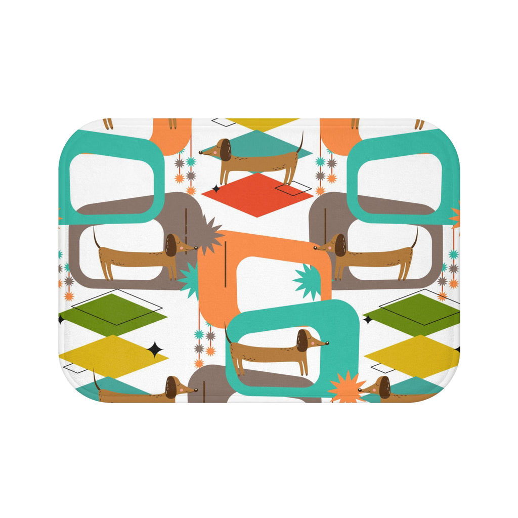 Mid Century Dachshund Pattern Bath Mat | Retro Atomic Geometric Design