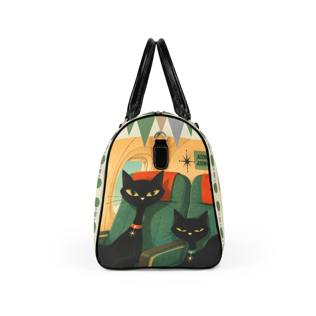 Retro Atomic Black Cats Travel Bag | Faux Leather Duffle, Mid Century Plane Scene