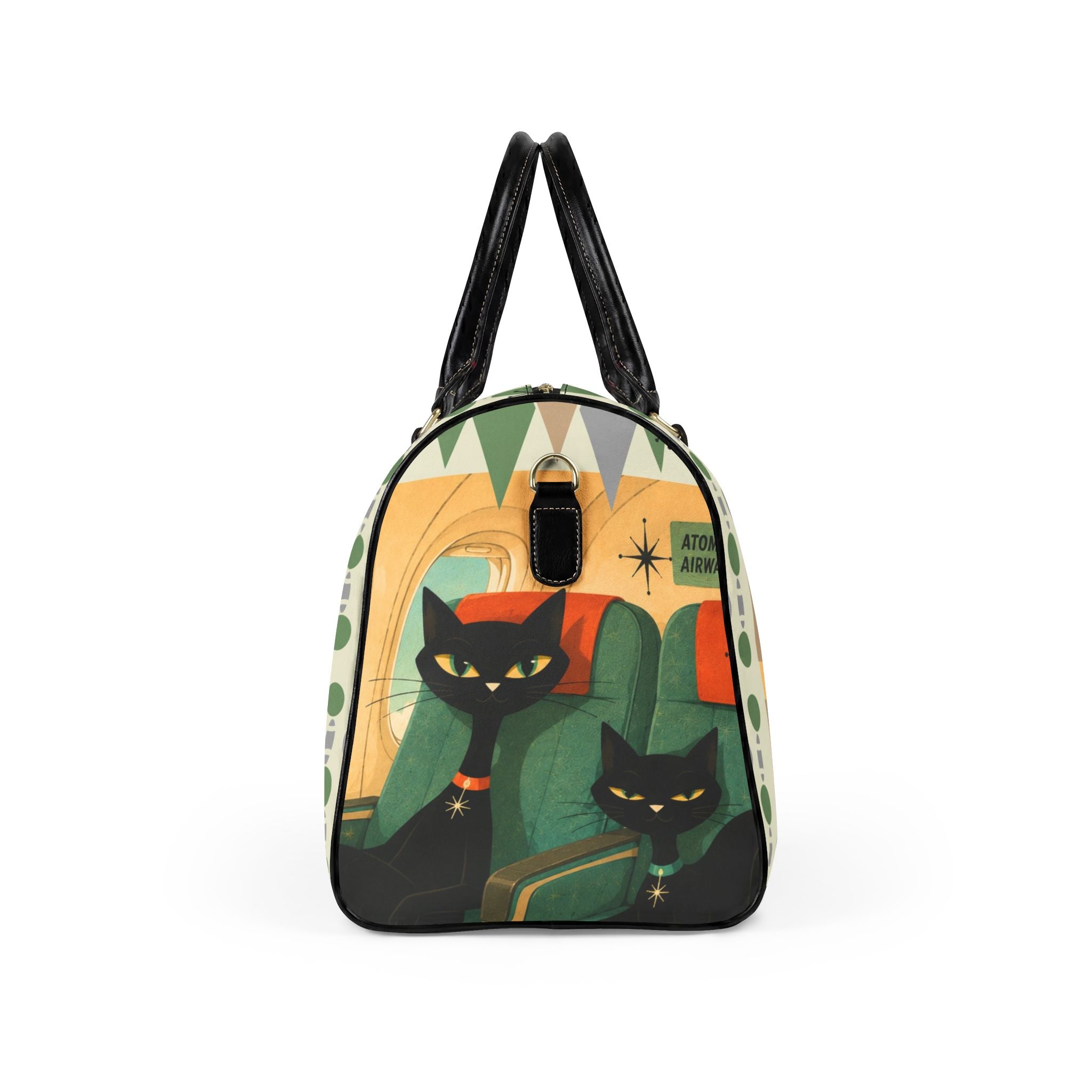 Retro Atomic Black Cats Travel Bag | Faux Leather Duffle, Mid Century Plane Scene