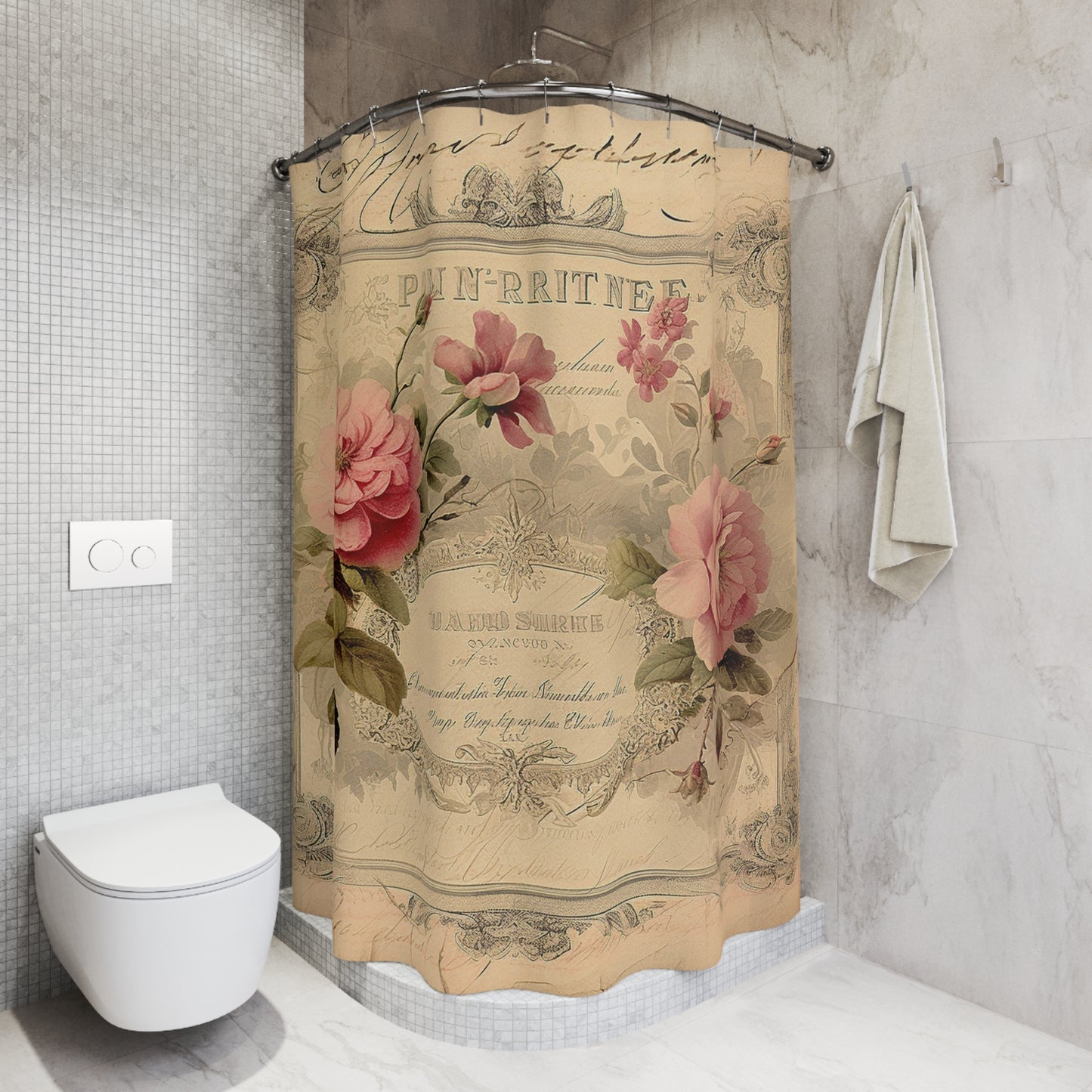 Pink roses Old script certificate shabby chic Shower Curtain, French vintage inspired, floral bathroom, rustic shower curtain