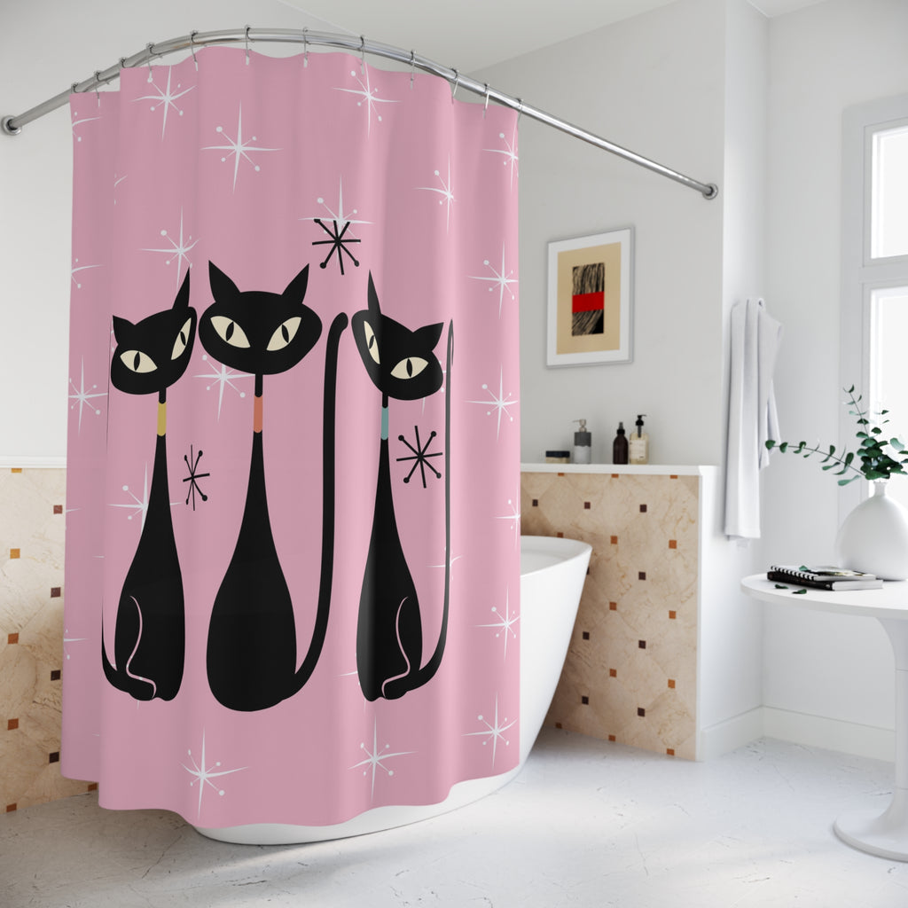 Atomic cat starburst pink Shower Curtain, retro bathroom, 50s 60s decor, black cat lover gift, cute bathtub or stall, Mid Century