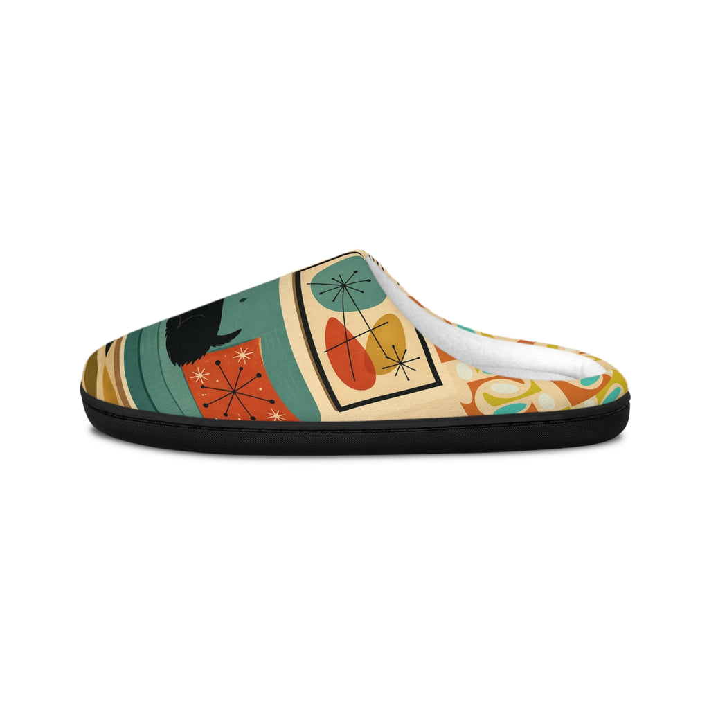 Mid-Century Black Cat Pattern Slippers | Indoor Cozy Slip-Ons
