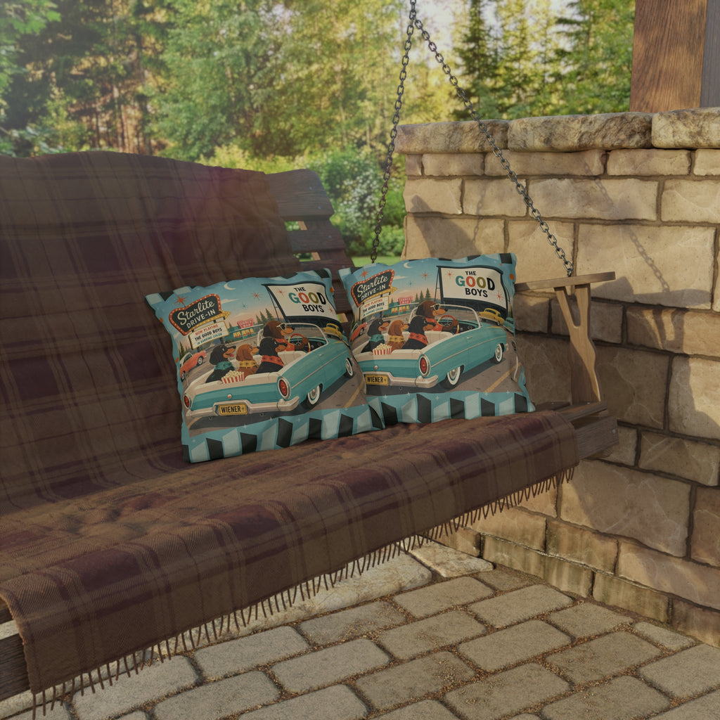 MCM Dachshund Drive-In Dogs Retro Art Outdoor Pillow | Vintage Movie Night