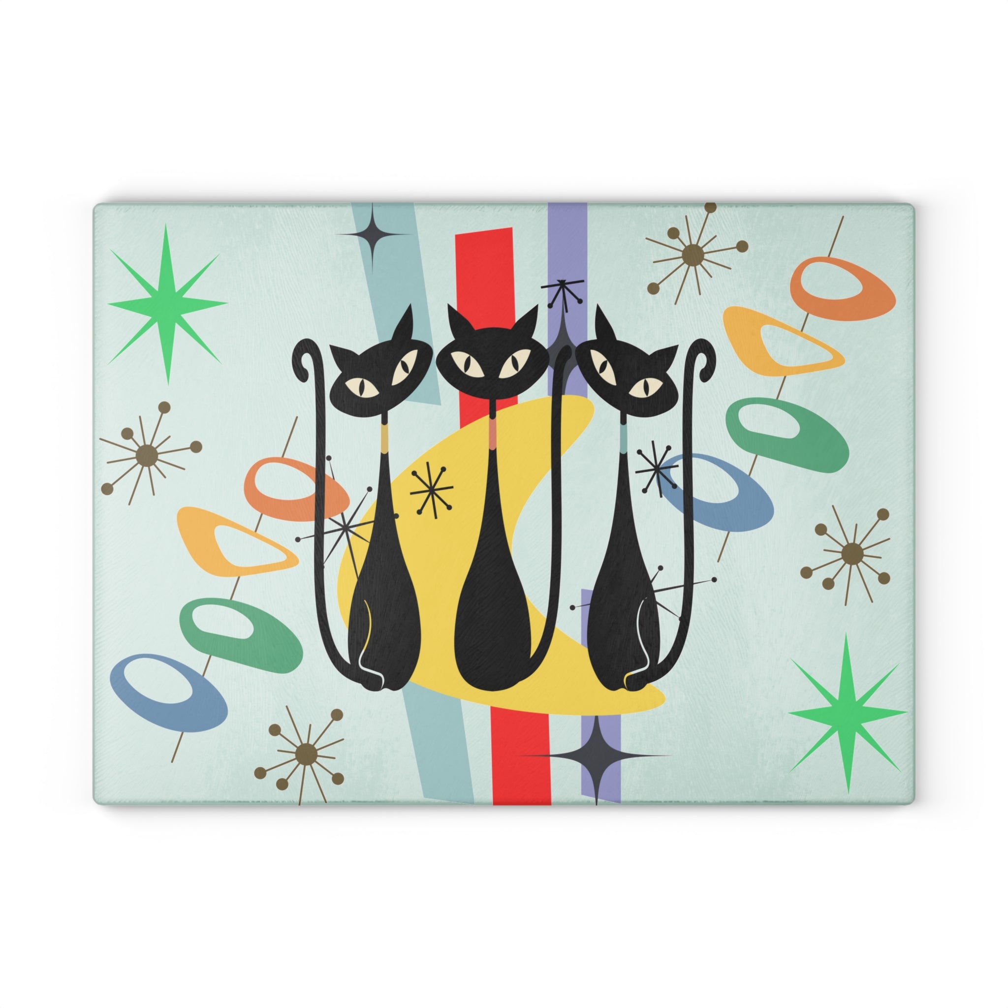 Mid-Century Retro Cats Glass Cutting Board – Vintage Atomic Deco Kitchen Decor