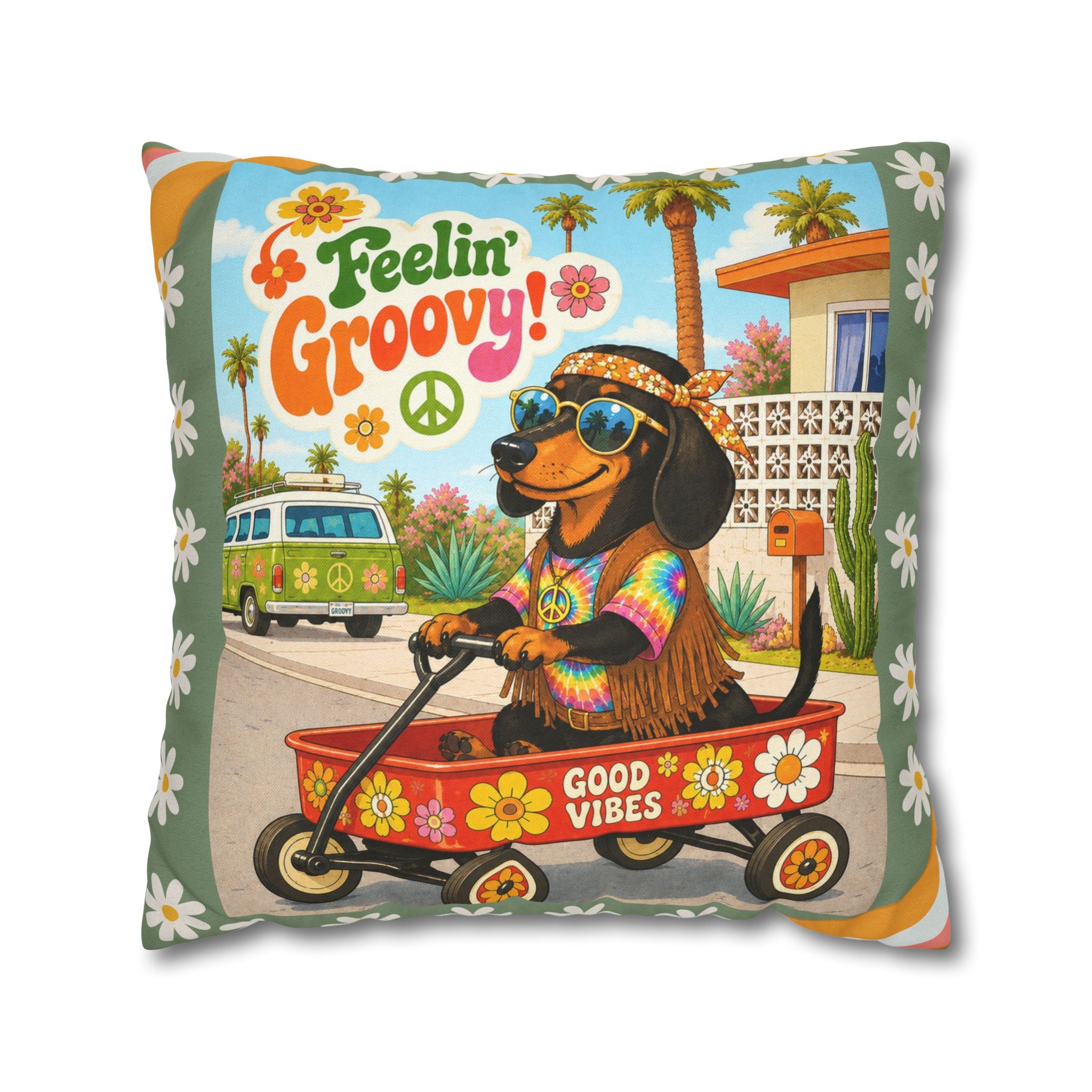 Feelin' Groovy retro Dachshund Pillowcase | 60s 70s pattern Square Decorative Pillow