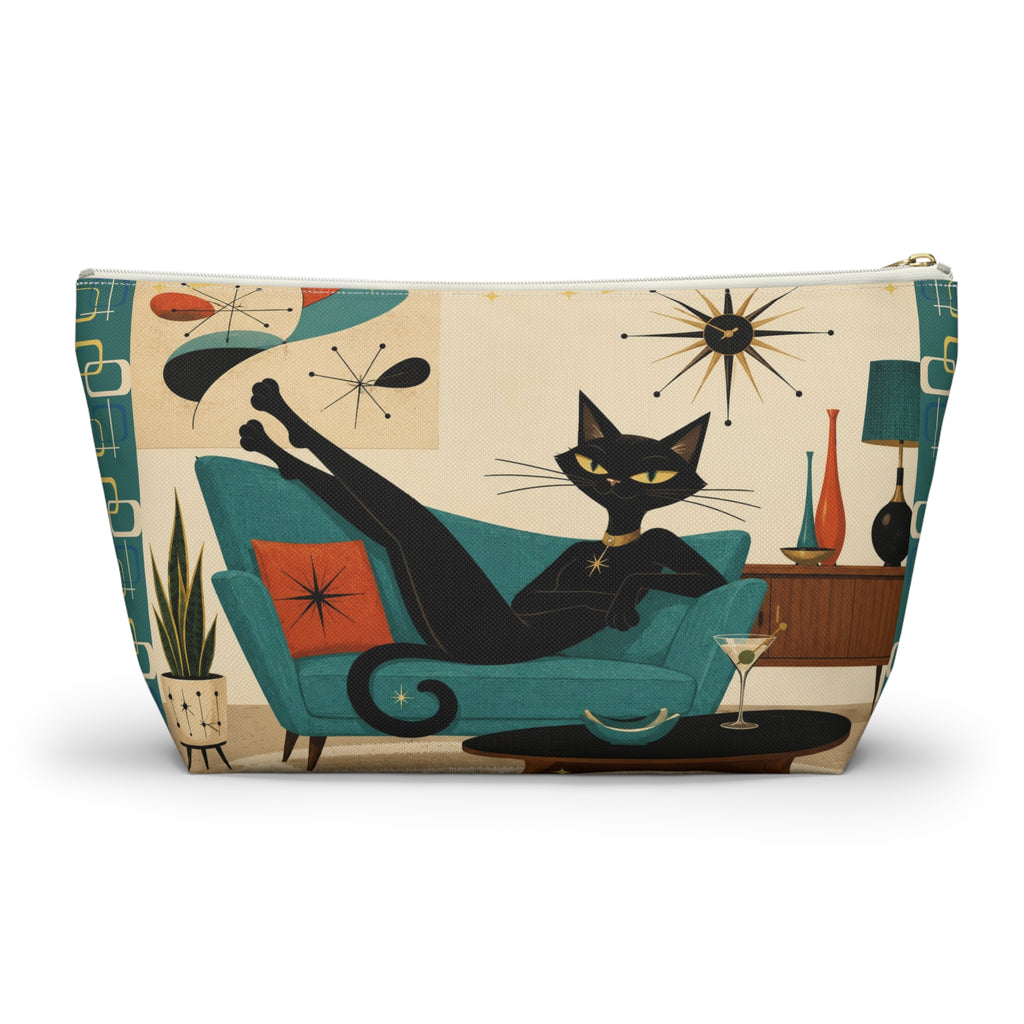 Mid Century Atomic Black Cat Lounge Accessory Pouch | T-Bottom Cosmetic Bag