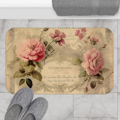 Pink old fashioned roses shabby chic Bath Mat, Farmhouse decor, non-slip bathmat, country cottage, French vintage inspired bath mat