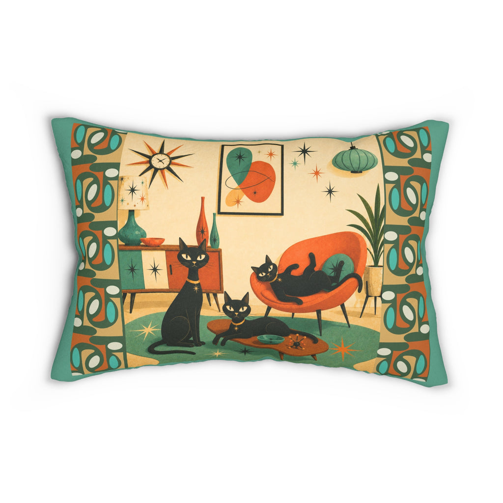 Mid Century Atomic Cats lumbar pillow | retro atomic living room design