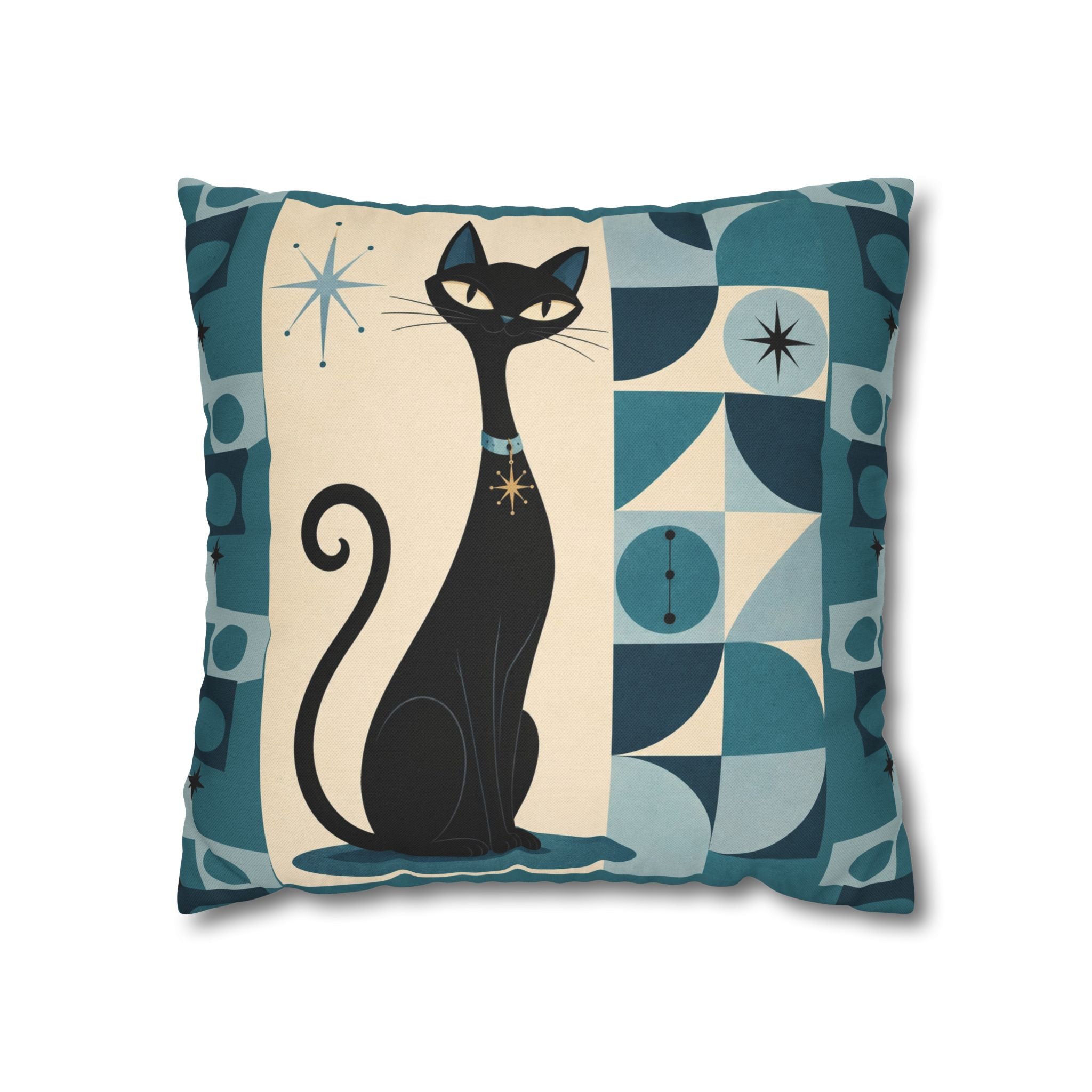 Mid Century Atomic Black Cat Pillowcase | Square Pillowcase, Retro Geometric Cat - COVER ONLY