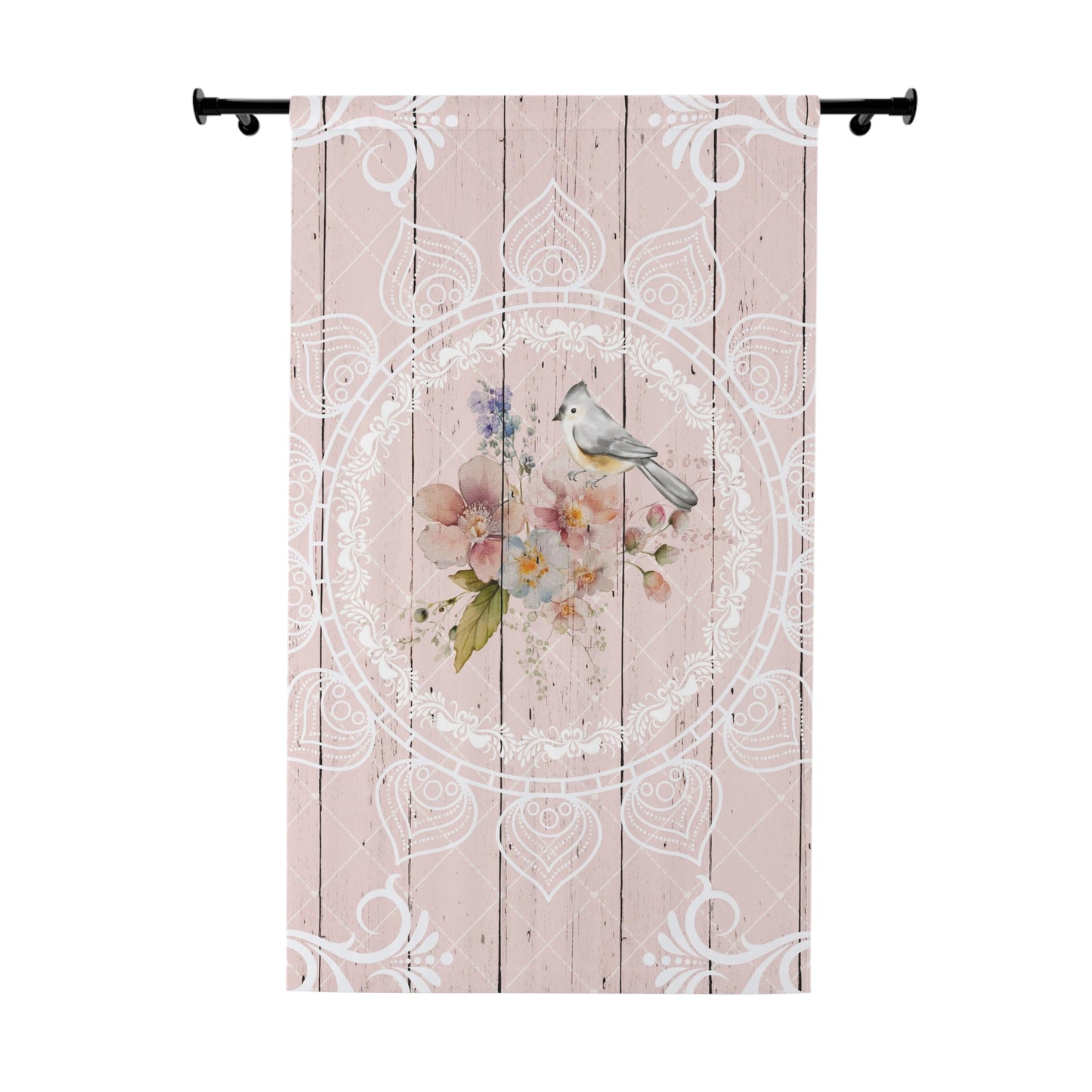 Blush pink bird shabby chic "Woodgrain Look" Window Curtains (1 Piece), vintage inspired curtain, blackout curtain