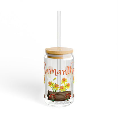 Personalized Daffodil spring Sipper Glass, 16oz, floral drinking glass, cute glass, iced coffee cup