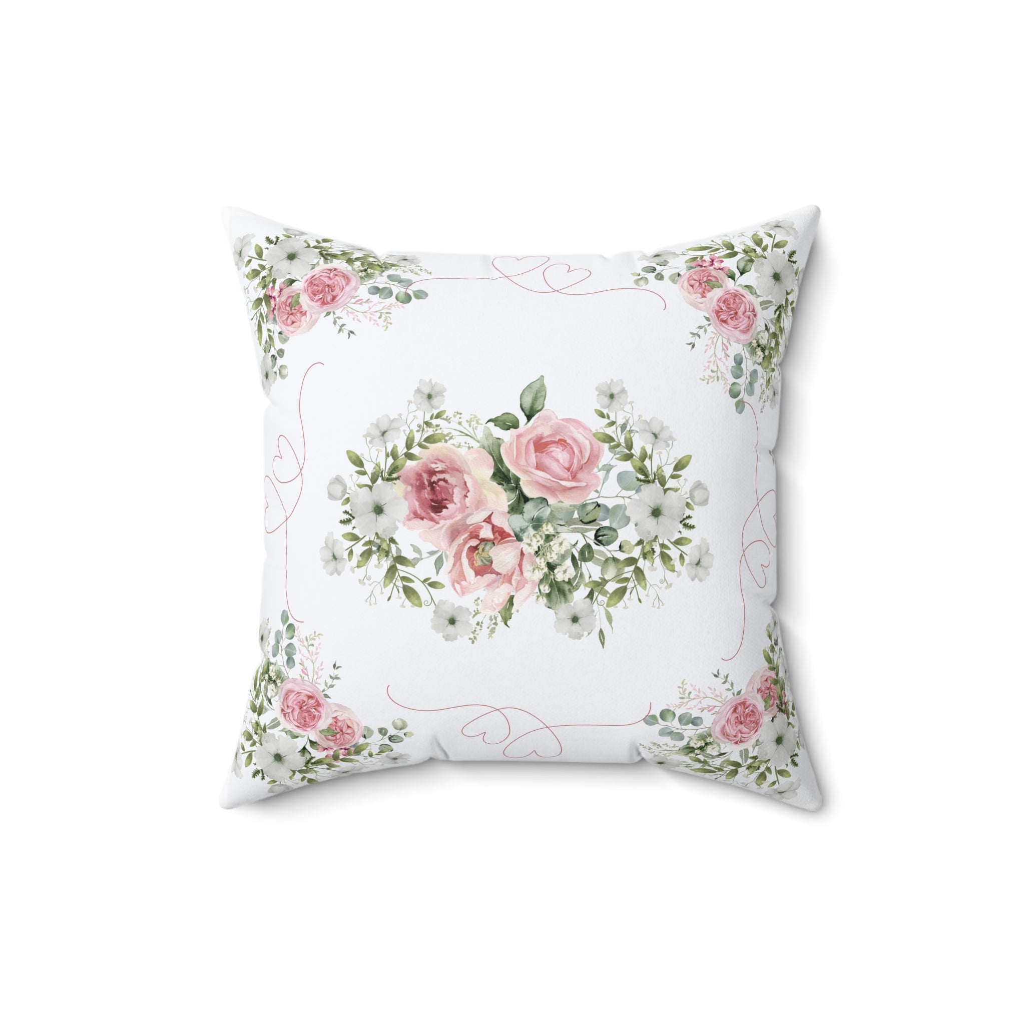 Pink Peony rose love heart Spun Polyester Square Pillow, Shabby chic style, Farmhouse decor, floral scatter cushion