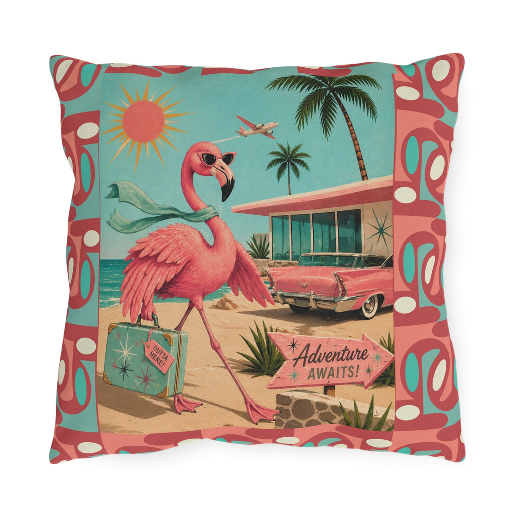 Retro Flamingo fly away Travel Illustration Outdoor Pillow | Mid Century Beach Adventure