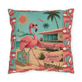 Retro Flamingo fly away Travel Illustration Outdoor Pillow | Mid Century Beach Adventure