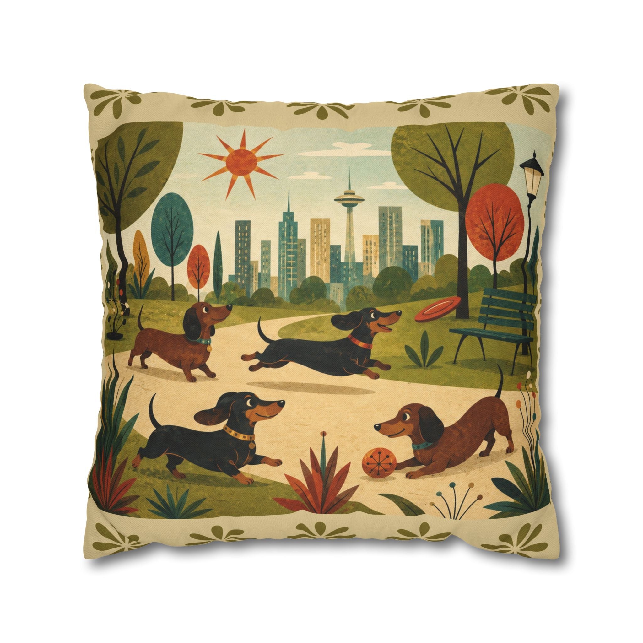 MCM Dachshund Park Scene Pillowcase | Square Decorative Throw Pillowcase - COVER ONLY