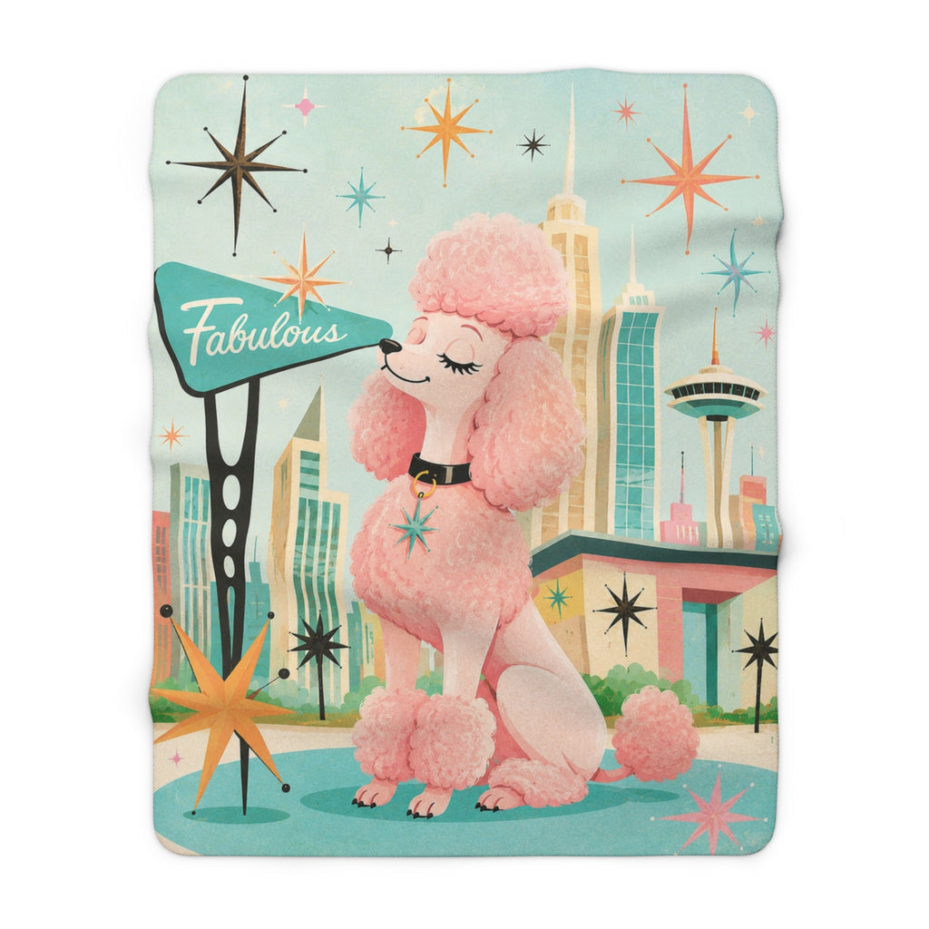 Retro Fabulous Pink Poodle Sherpa Blanket | Mid Century Cityscape