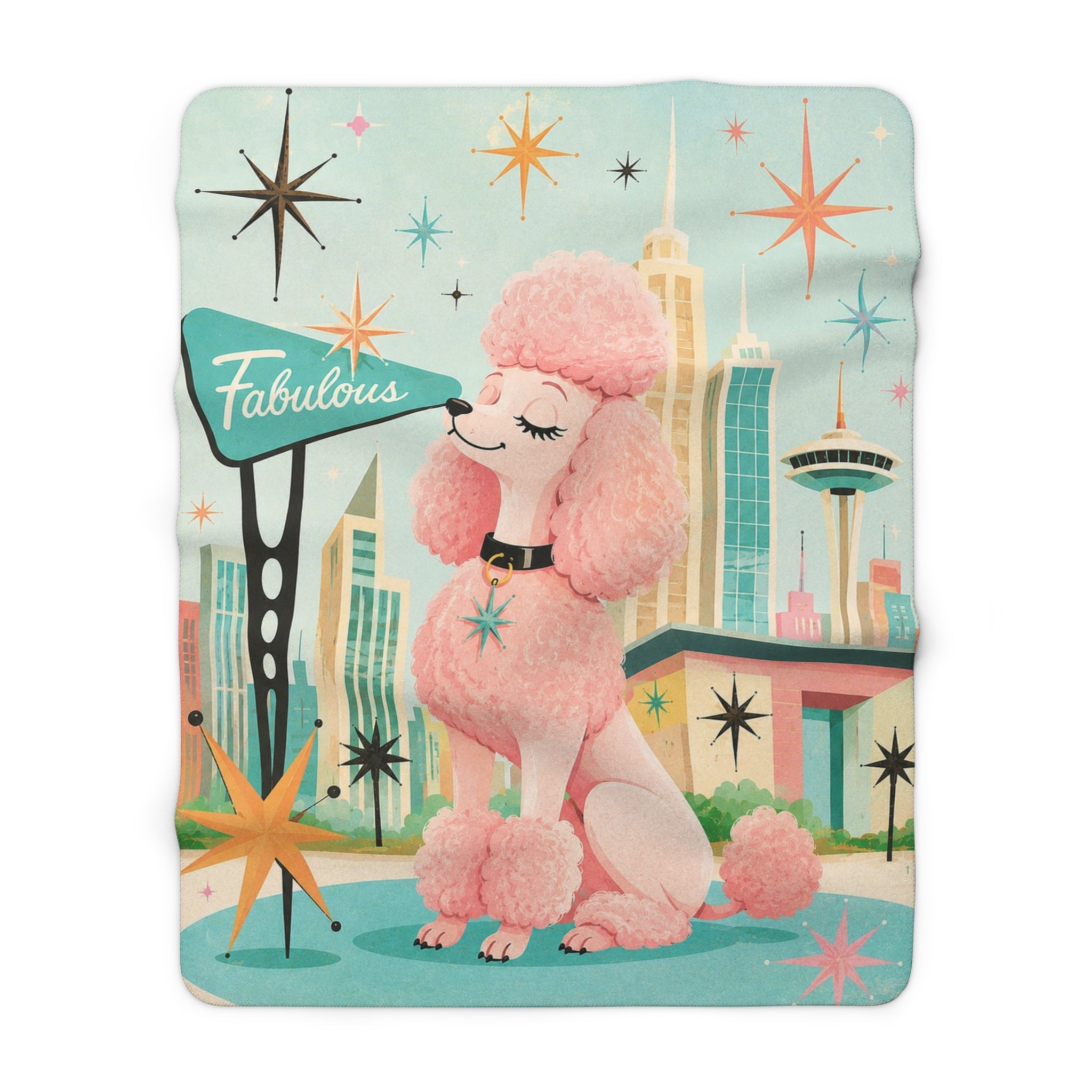 Retro Fabulous Pink Poodle Sherpa Blanket | Mid Century Cityscape