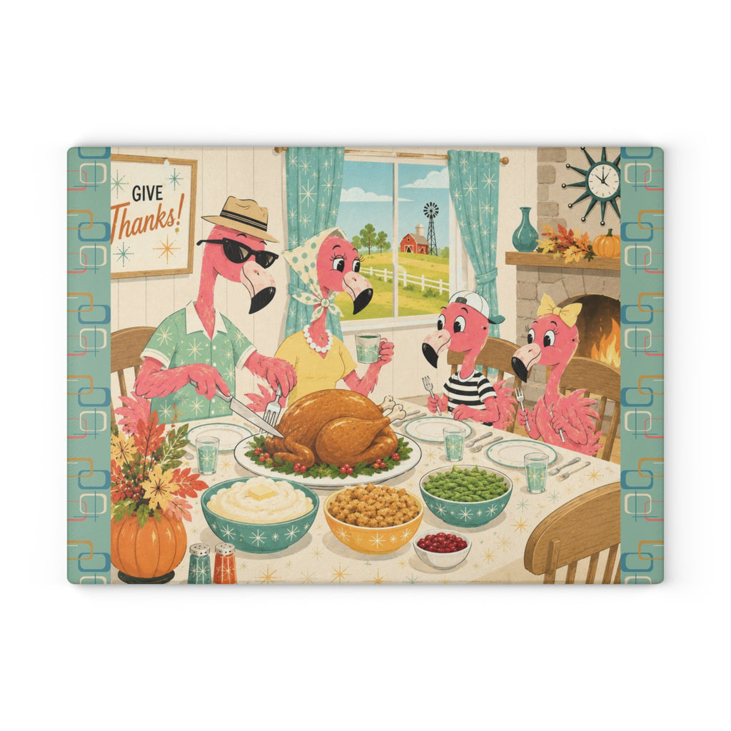 MCM Flamingo Family Thanksgiving Glass Cutting Board | Holiday Kitchen Decor