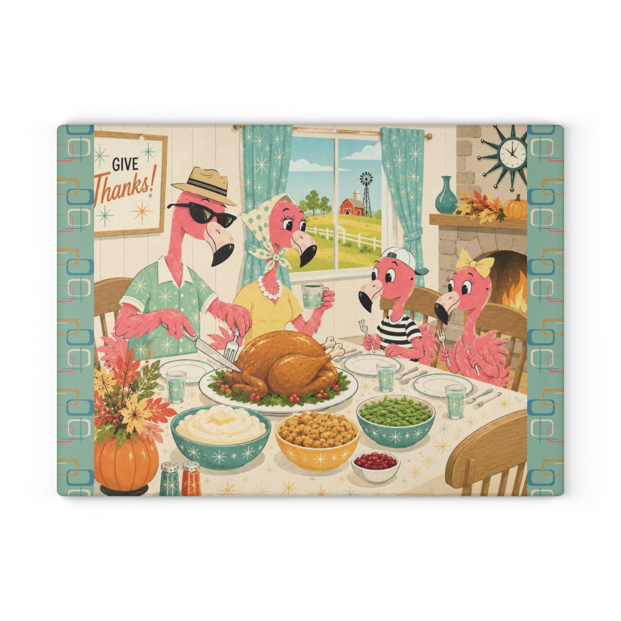 MCM Flamingo Family Thanksgiving Glass Cutting Board | Holiday Kitchen Decor