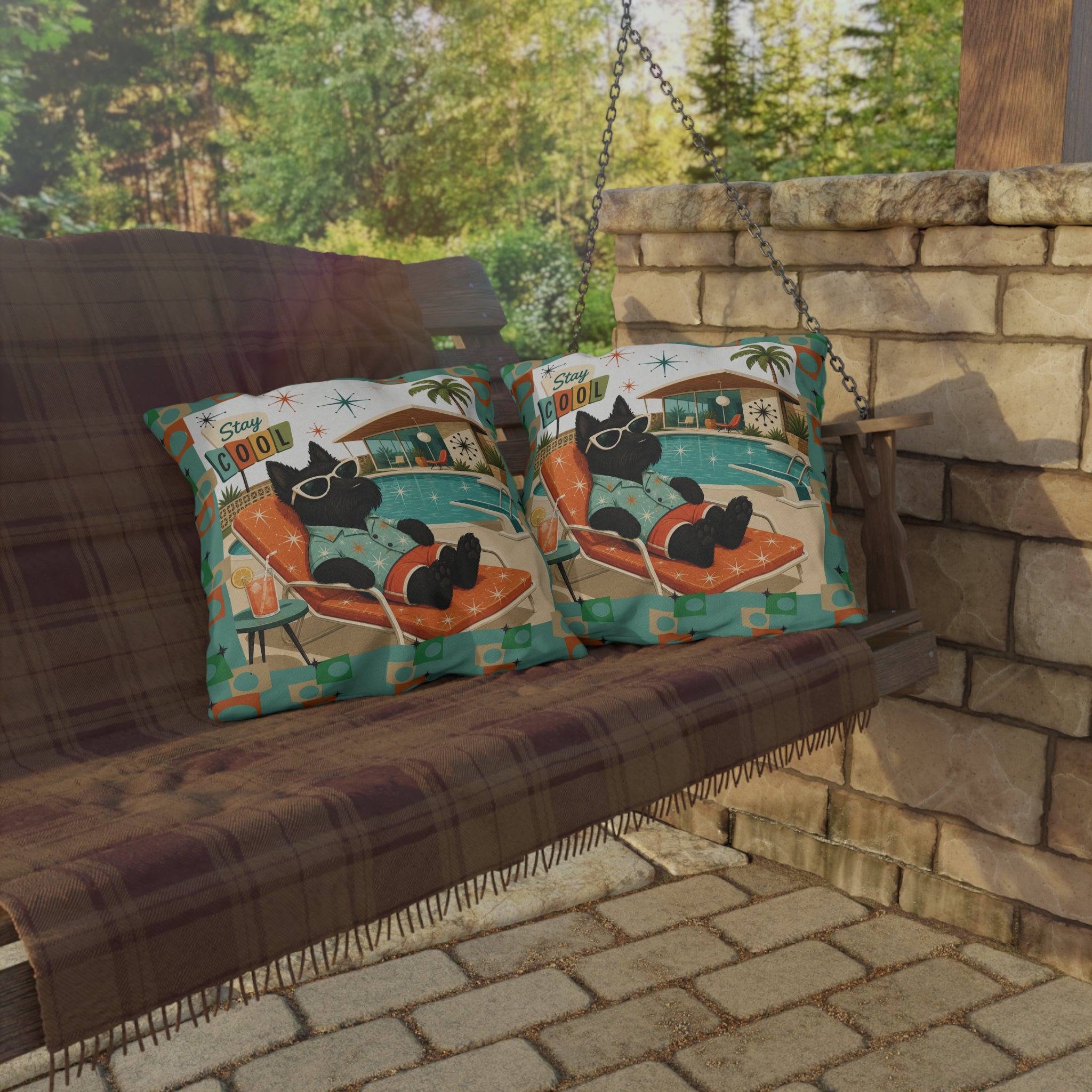 Retro Poolside Scottie Dog Stay Cool Outdoor Pillow | Mid Century Modern