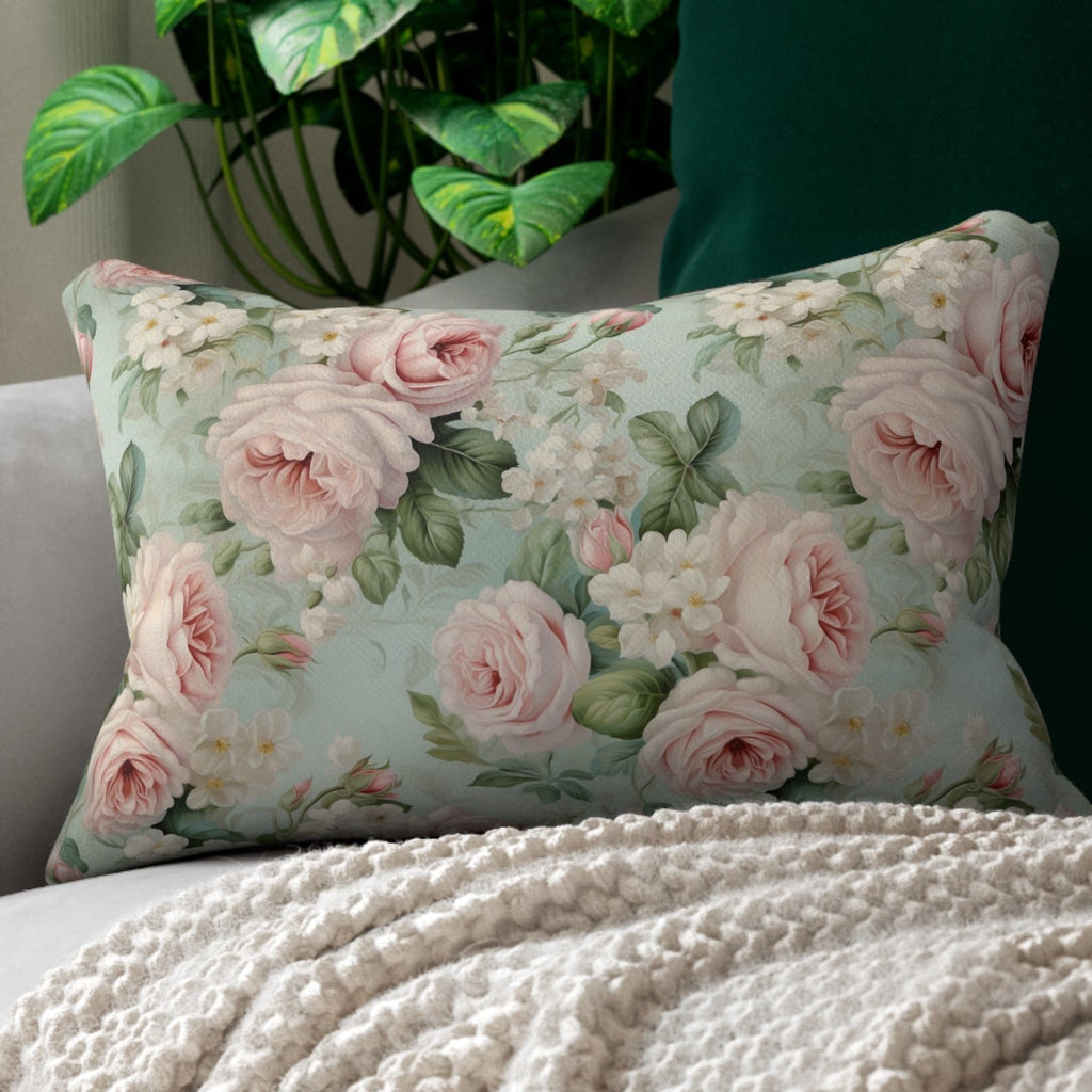 A rectangular floral throw pillow with pink roses on a pale blue-green background, styled on a light gray sofa with a cream knit blanket and a dark green cushion behind it.