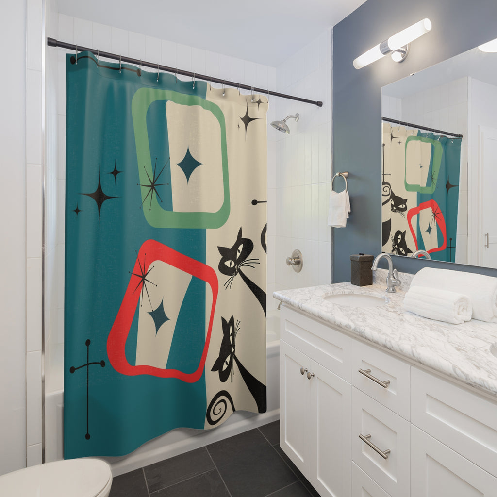 Mid-Century Modern Cat Shower Curtain — Retro Atomic Starburst Bathroom Decor