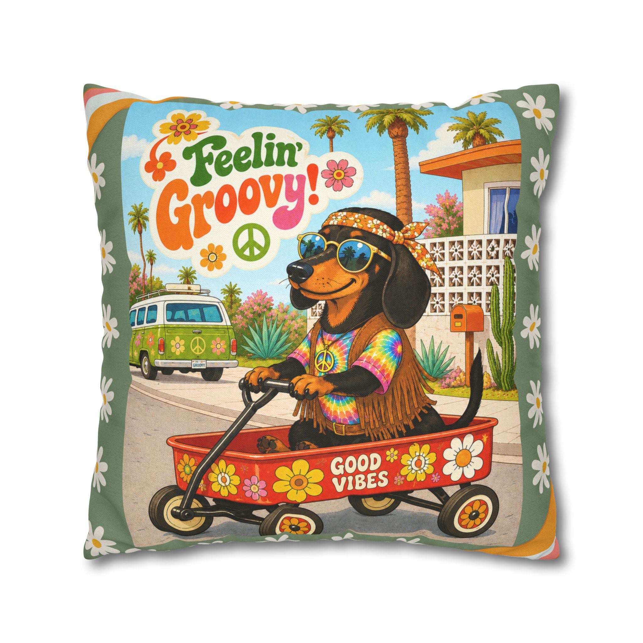 Feelin' Groovy retro Dachshund Pillowcase | 60s 70s pattern Square Decorative Pillow