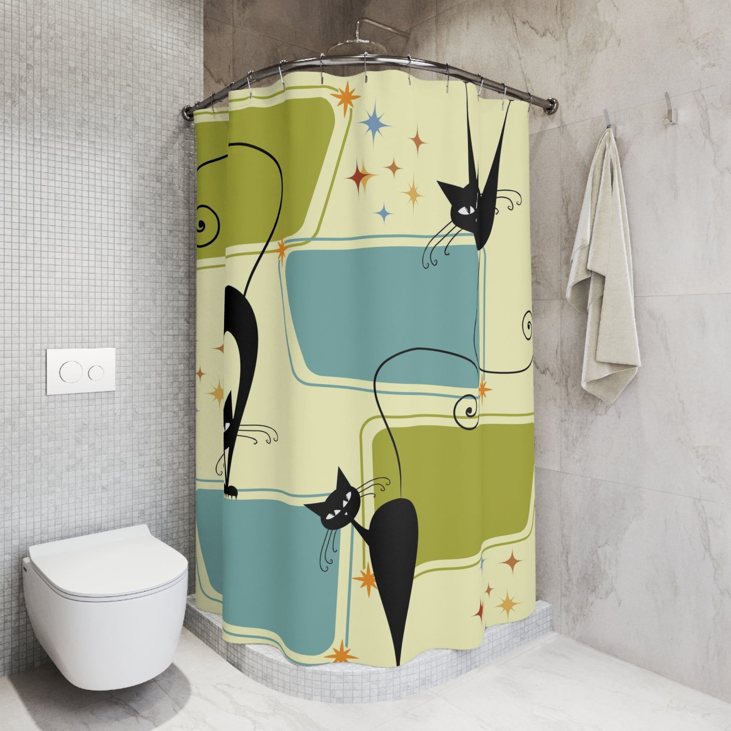 Mid Century Modern Atomic cat retro Shower Curtain, vintage inspired, retro bathroom, bathtub stall