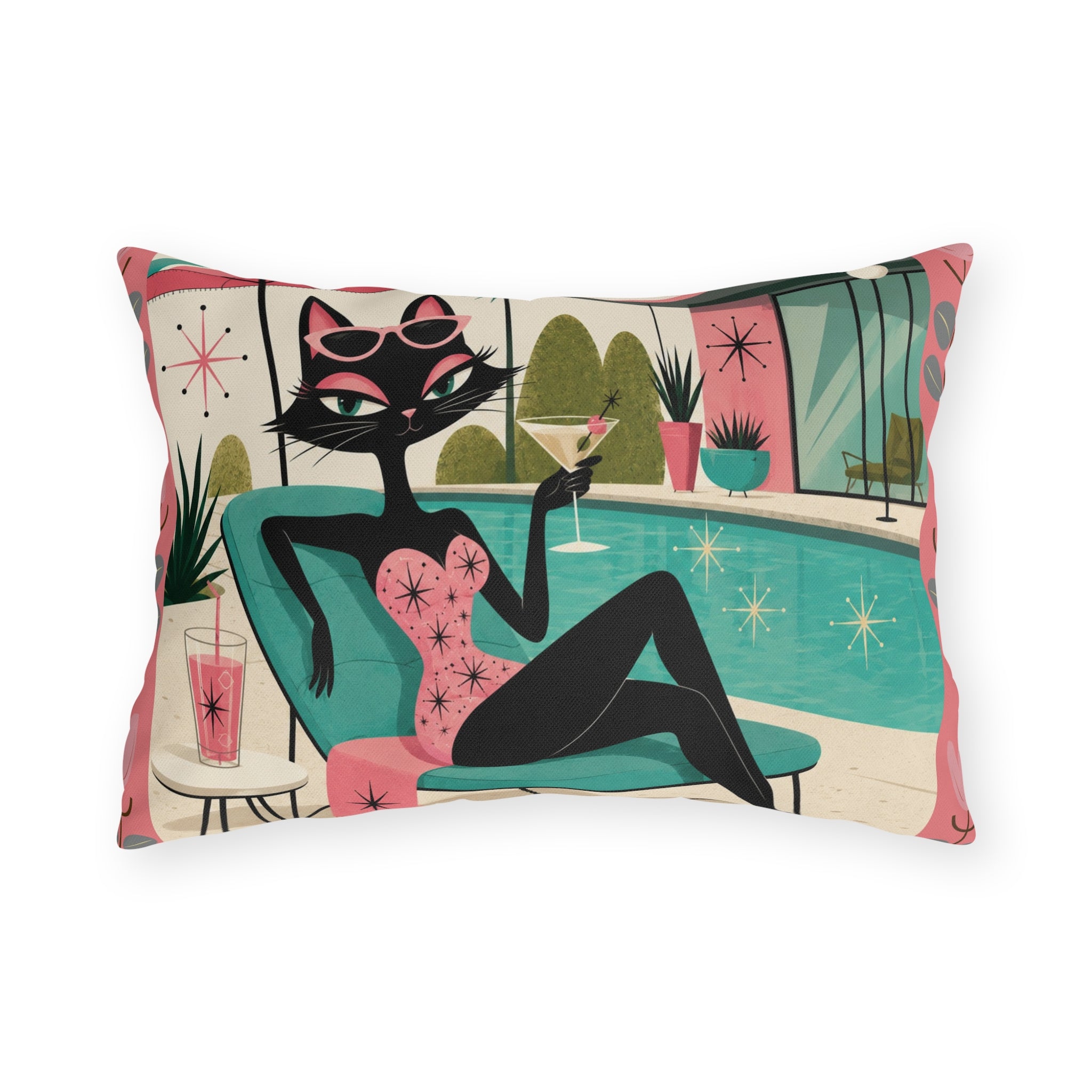 Retro Poolside Cat Outdoor Pillow | Mid Century Modern Cocktail
