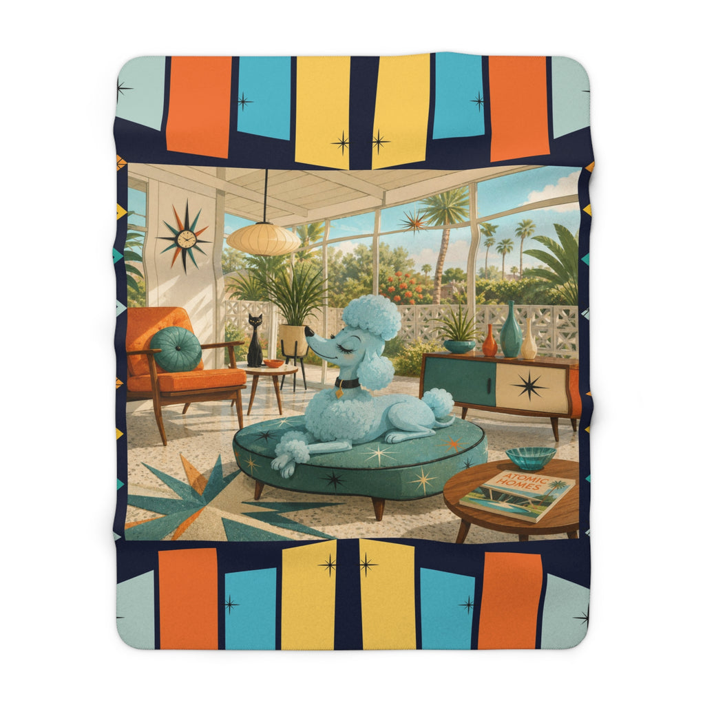 Retro Living Room Poodle Sherpa Fleece Blanket | Mid Century Dog Patio Scene