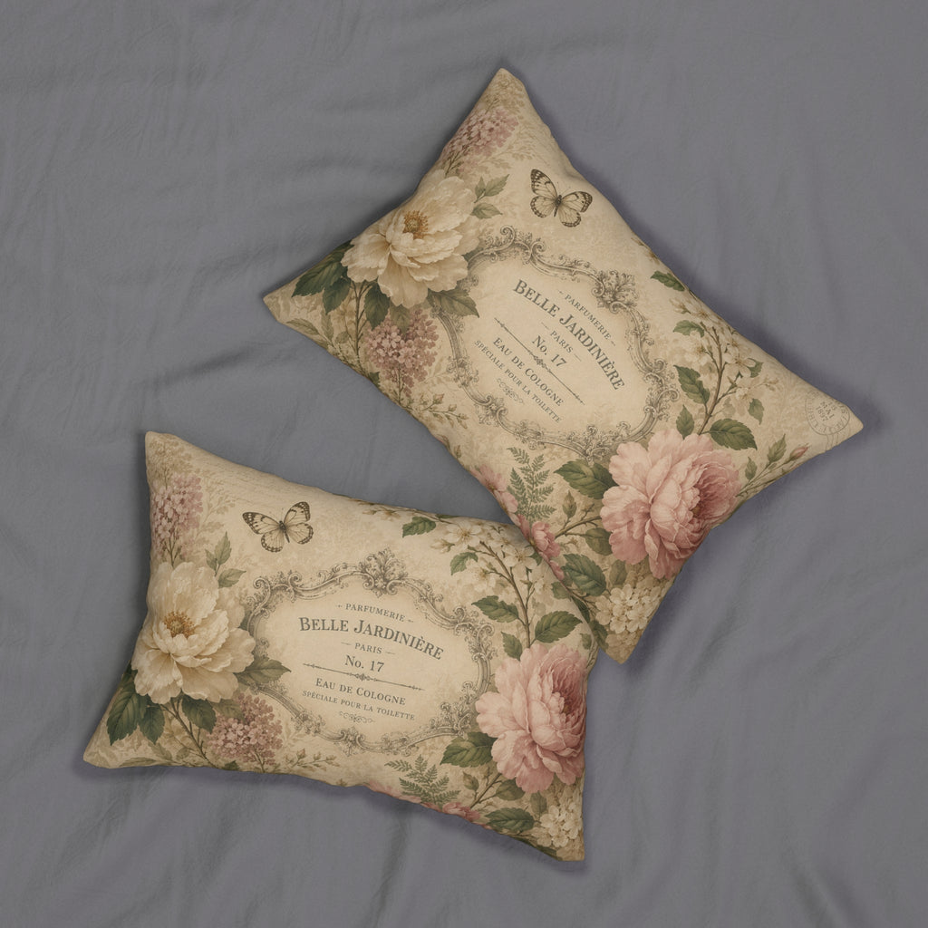 Vintage Floral Paris Label Lumbar Pillow | Shabby Chic Rose Cushion