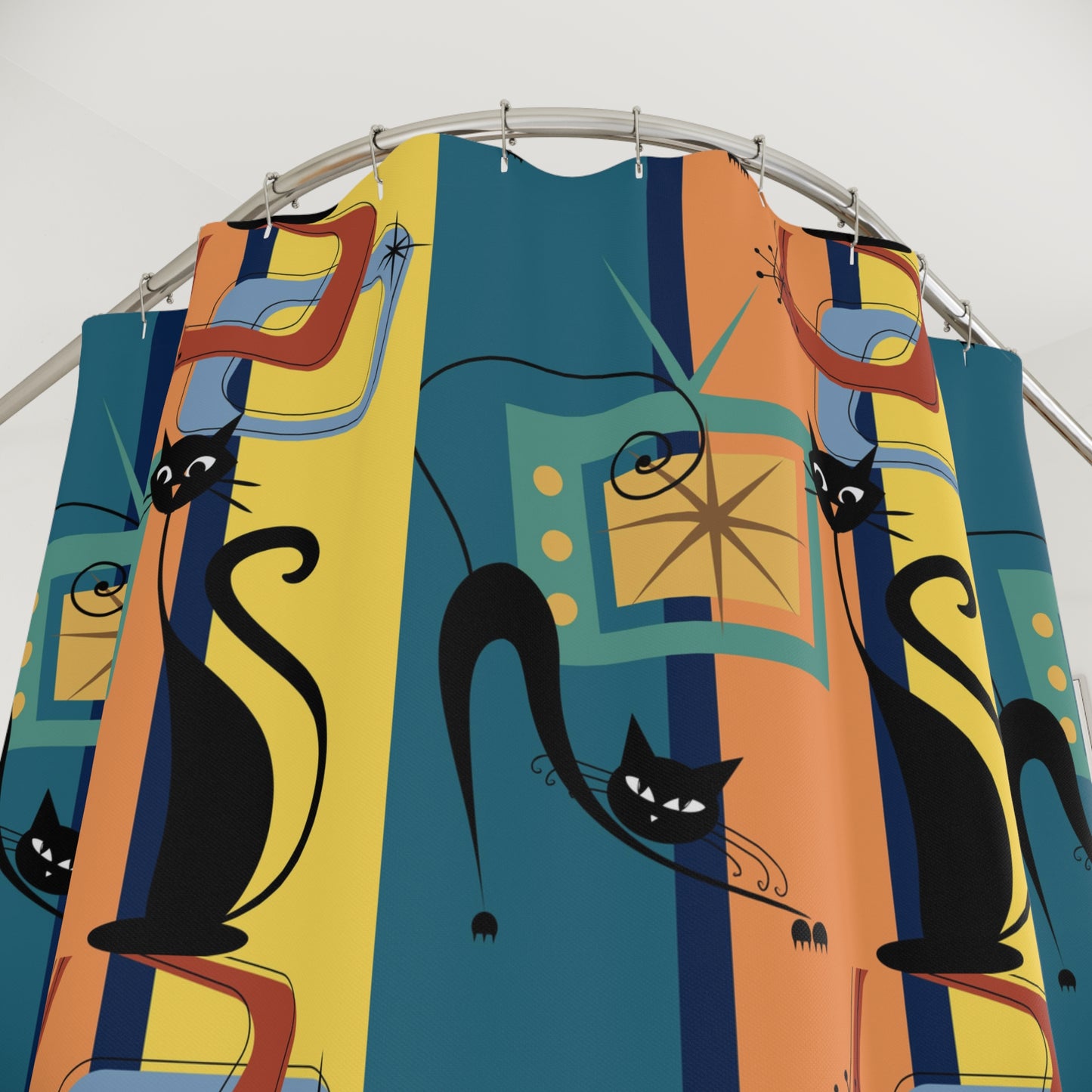 Mid Century Modern Atomic cat art Shower Curtain, MCM bathroom, colorful, retro inspired, bathtub stall shower curtain