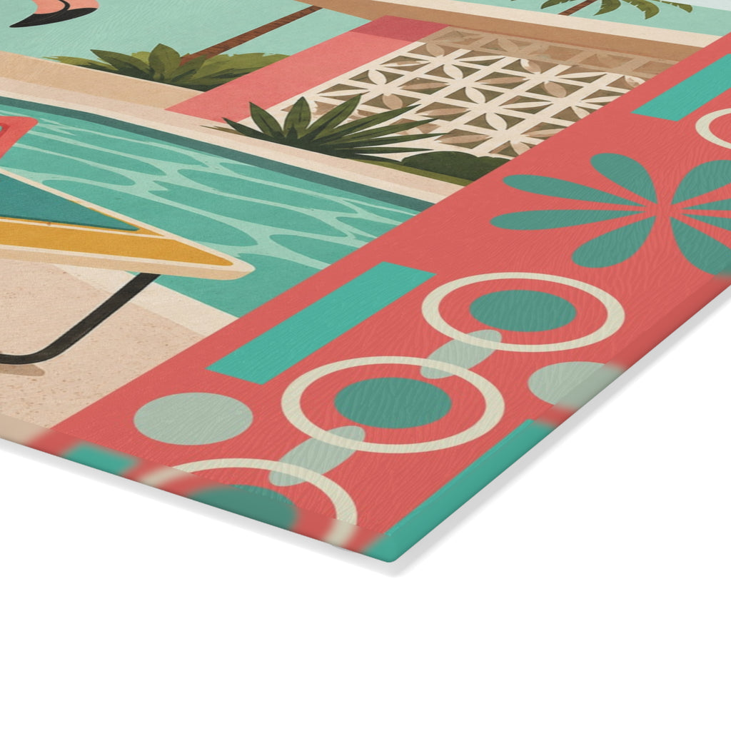 Retro Flamingo Poolside Glass Cutting Board | Mid Century Tropical Art