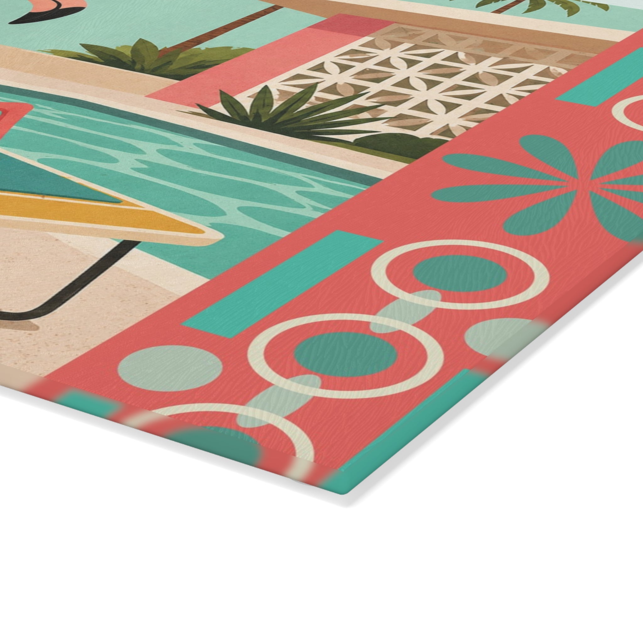 Retro Flamingo Poolside Glass Cutting Board | Mid Century Tropical Art