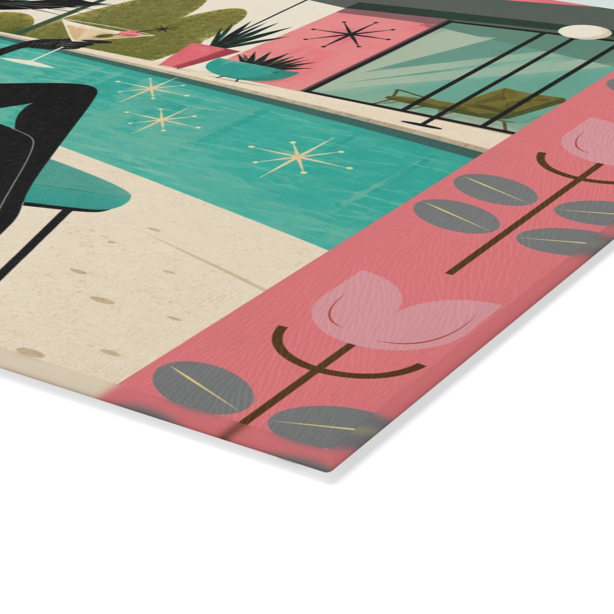 Retro Lounge Atomic Cat Glass Cutting Board | Mid Century Poolside Cocktail Art