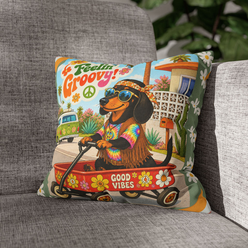 Feelin' Groovy retro Dachshund Pillowcase | 60s 70s pattern Square Decorative Pillow
