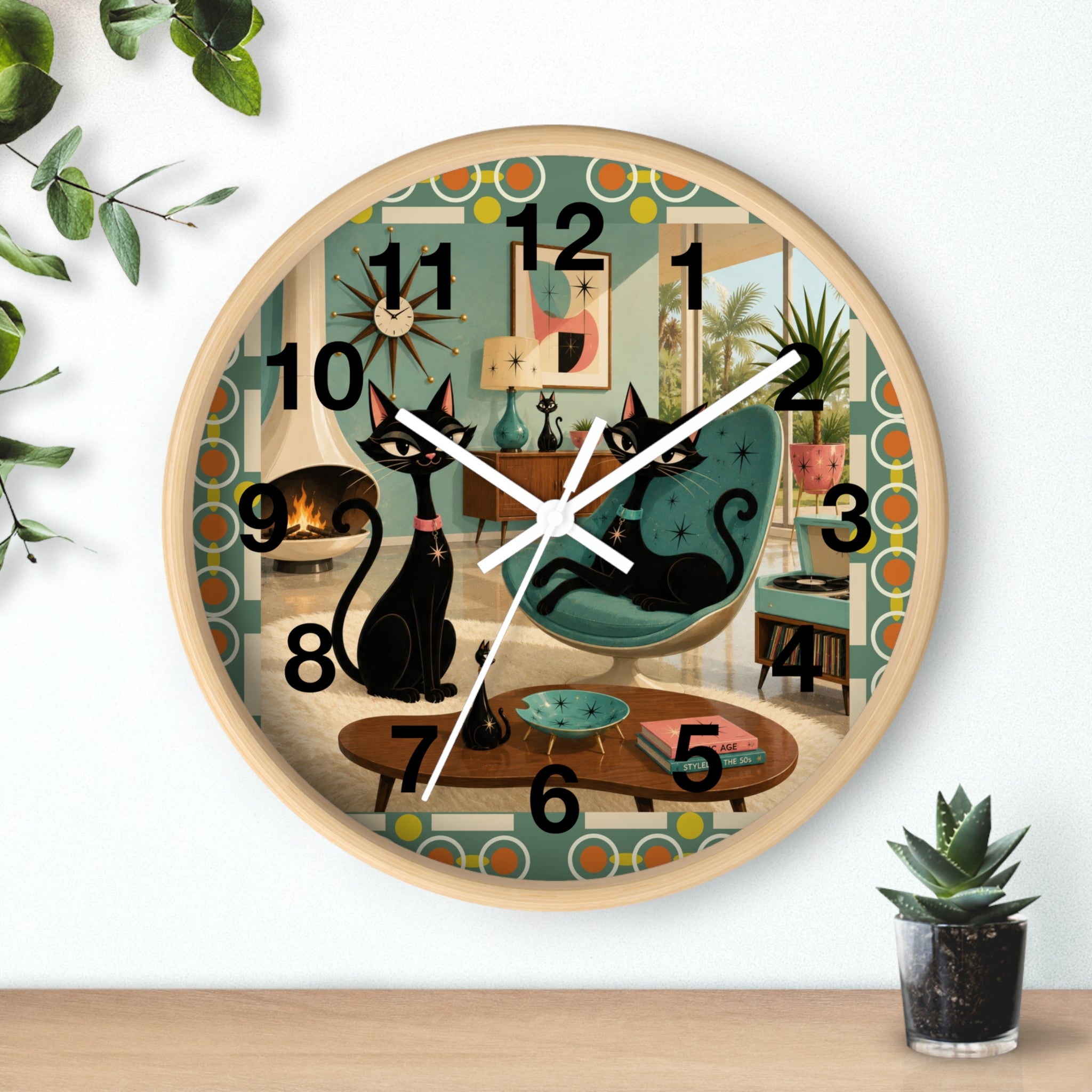 Mid Century Atomic Black Cats Wall Clock | Retro Living Room Decor