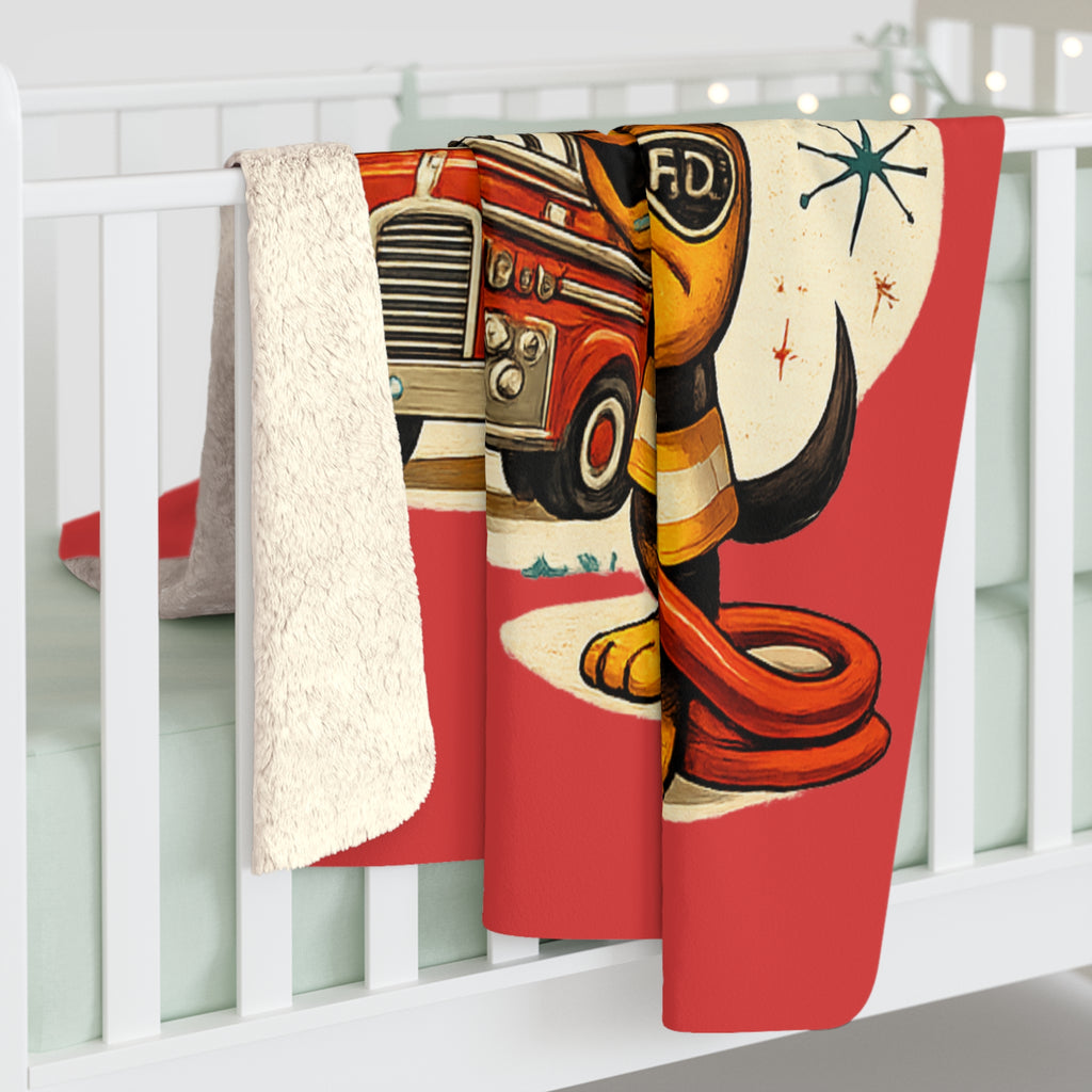 MCM Dachshund Firefighter Illustration Sherpa Blanket | Firehouse Dog Throw