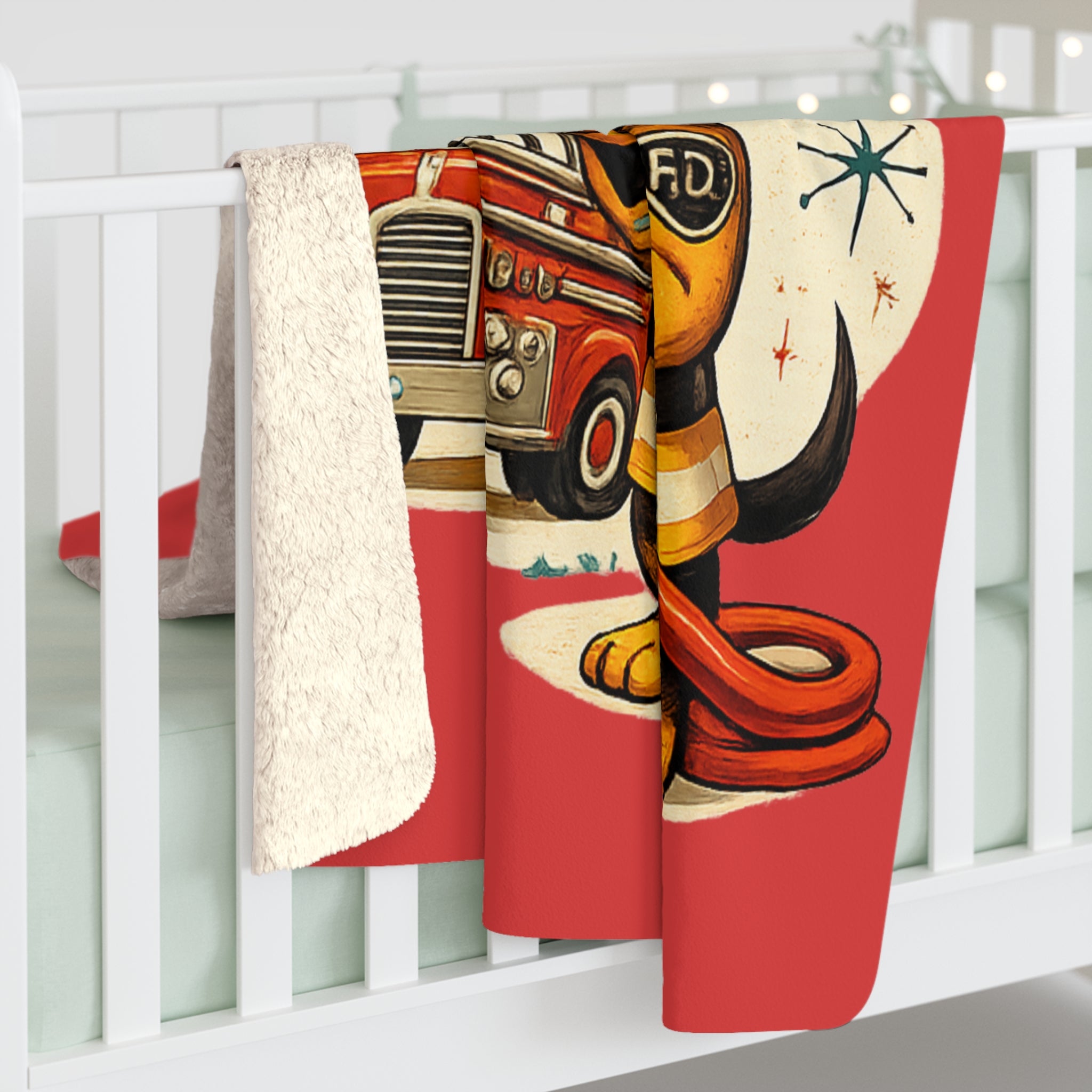 MCM Dachshund Firefighter Illustration Sherpa Blanket | Firehouse Dog Throw