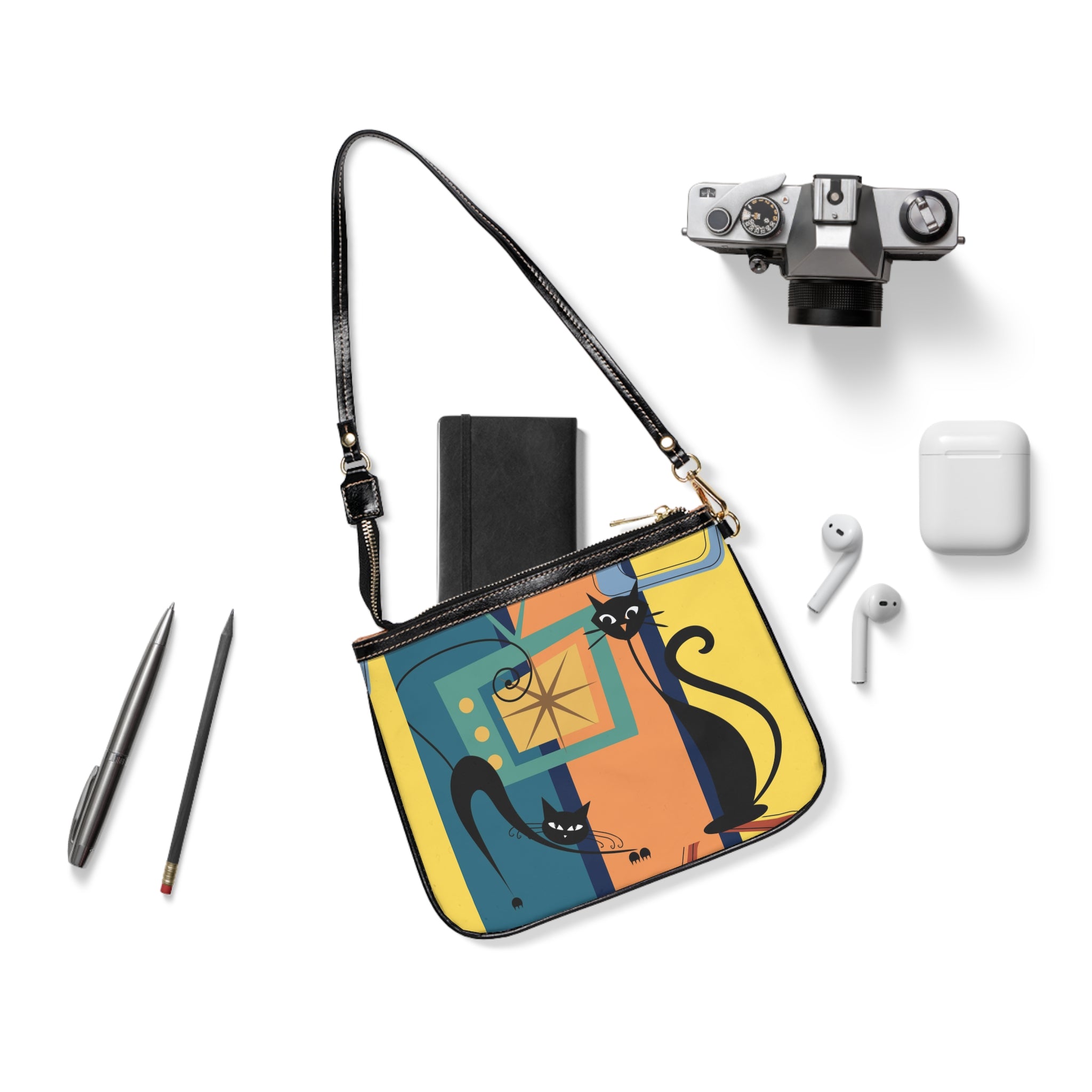 Cat Art Shoulder Bag – Retro Modern Black Cats Small Purse