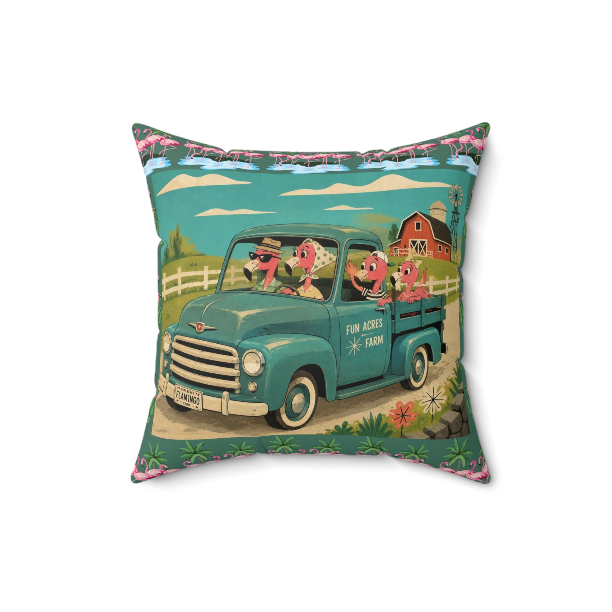 MCM Pink Flamingo Vintage Farm Truck Pillow | Retro Pickup with Farm Animals