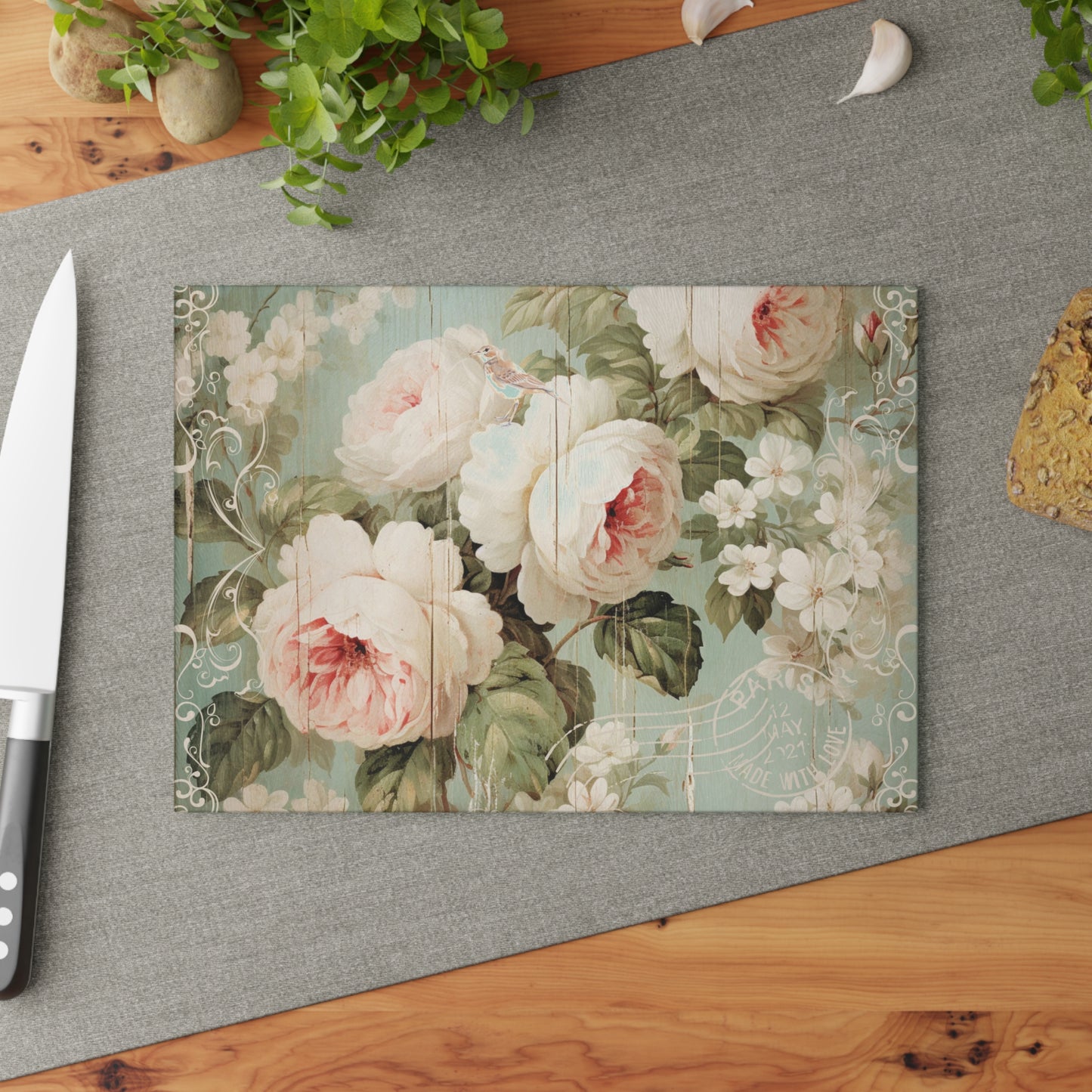 Floral pink flowers shabby chic style Glass Cutting Board, French vintage inspired, farmhouse, housewarming gift