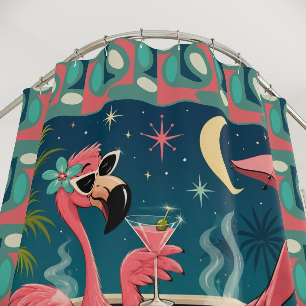 Retro Flamingo MCM Cocktail Shower Curtain | Mid Century Tiki Bathroom