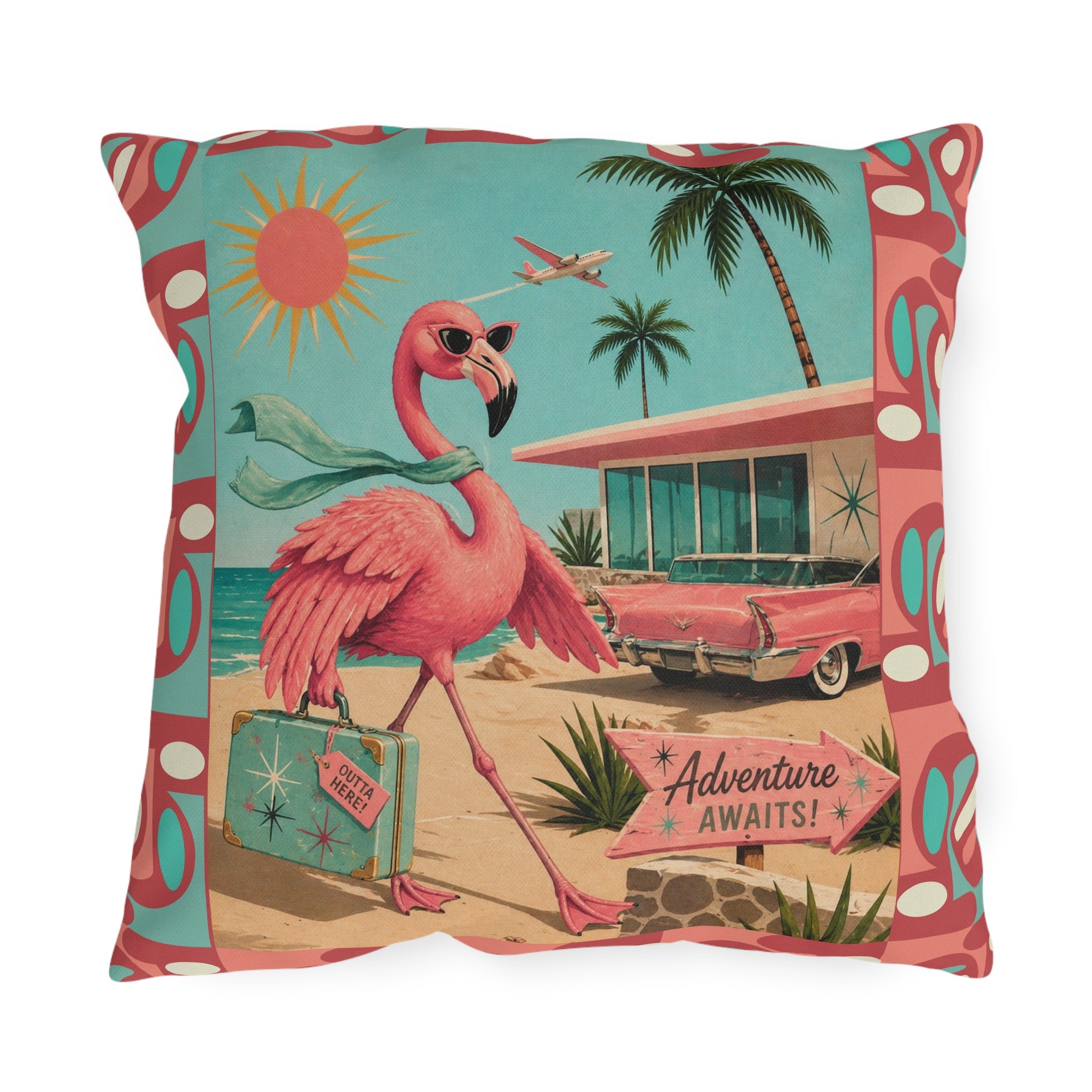 Retro Flamingo fly away Travel Illustration Outdoor Pillow | Mid Century Beach Adventure
