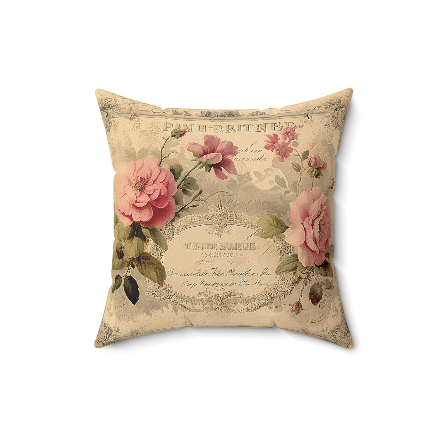 Old rose certificate shabby chic Square Pillow, French vintage inspired, Farmhouse, country cottage, villa decor