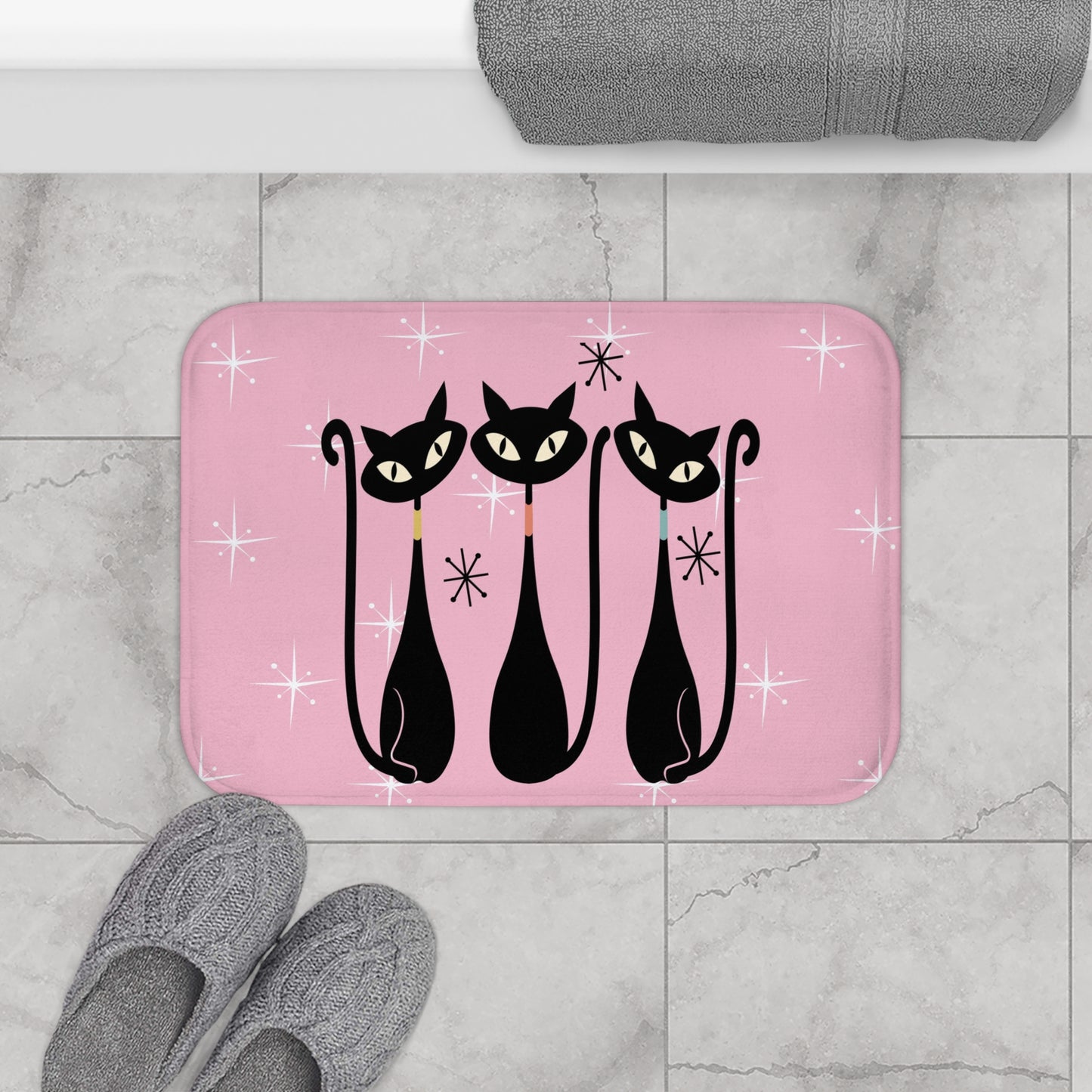 Atomic cat starburst retro pink Bath Mat, 50s 60s decor, MCM bathroom, black cat lover gift, mid century modern