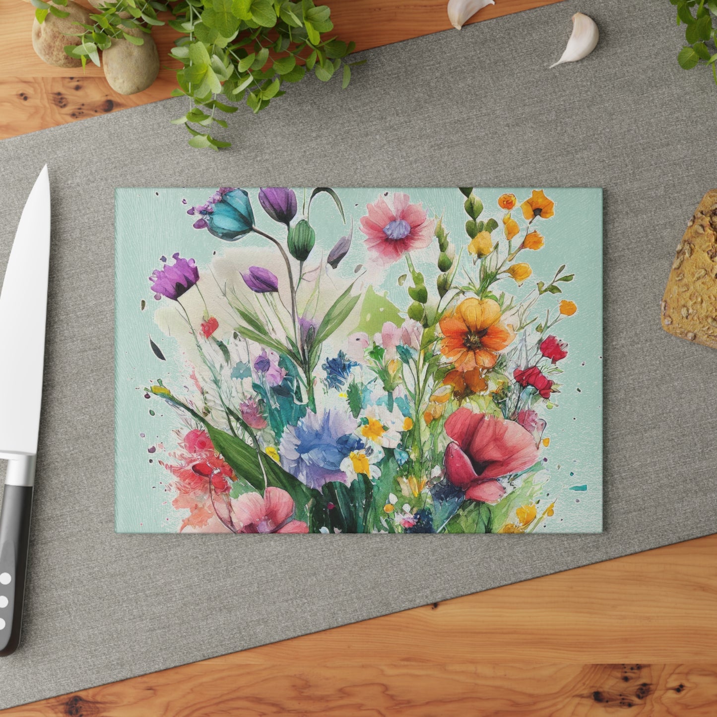 Glass Cutting Board, wildflower tempered glass, cheese board, bread, serving, flower garden, chopping board