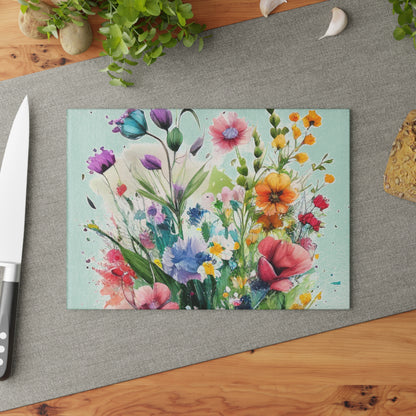 Glass Cutting Board, wildflower tempered glass, cheese board, bread, serving, flower garden, chopping board