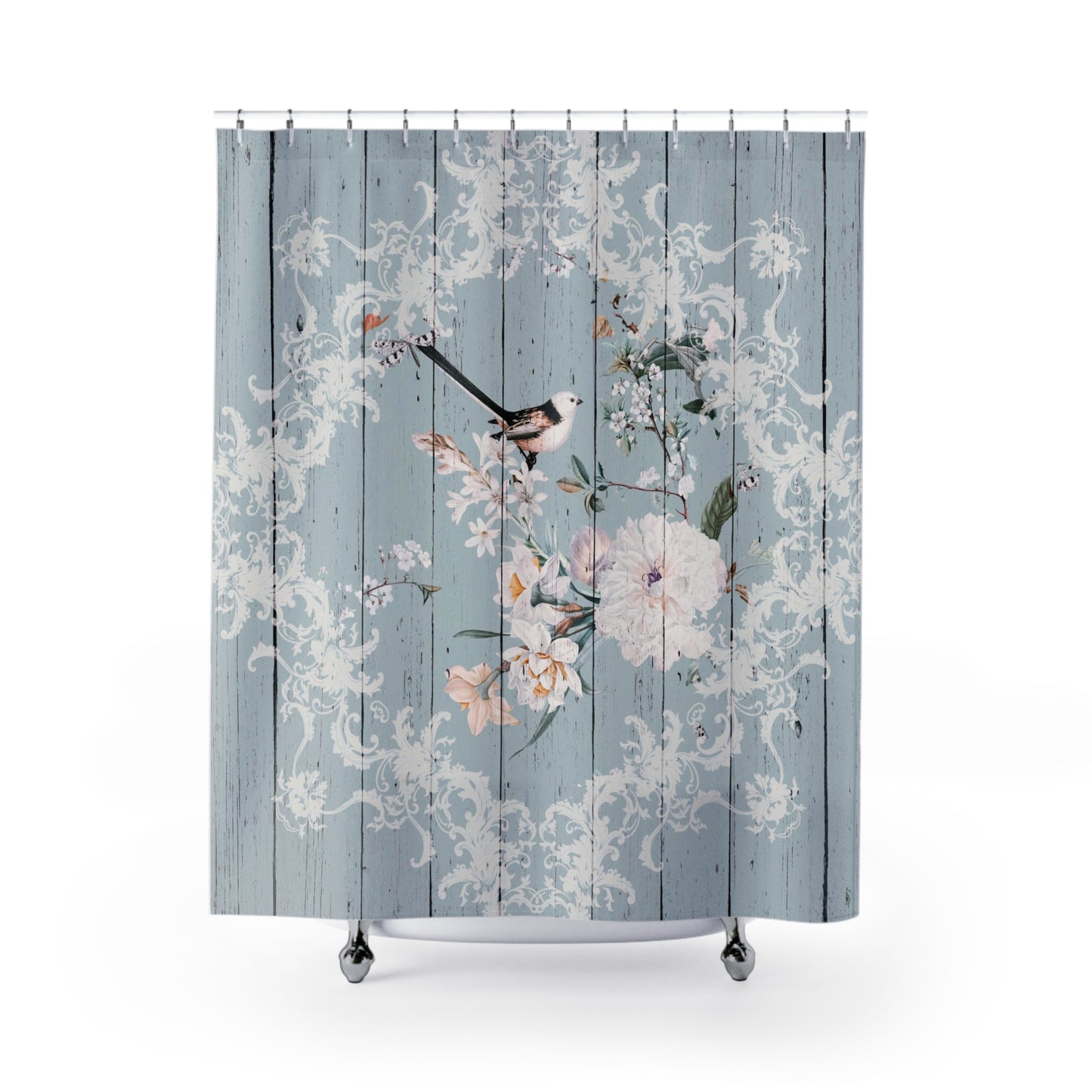 Shabby Chic Blue wood look Shower Curtain with Birds and Blossoms, vintage curtains, floral curtains, stall bathtub curtain